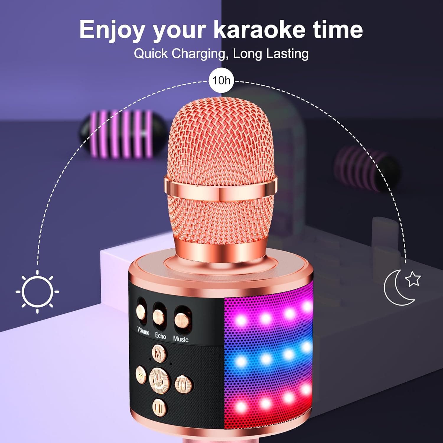 BONAOK Karaoke Microphone for Kids & Adults - Bluetooth Microphones Singing Mic with Disco Lights, Echo Effect, Built-in Speaker Portable Karaoke Player for Party Travel Gifts Q78(Rose Gold) - Image 6