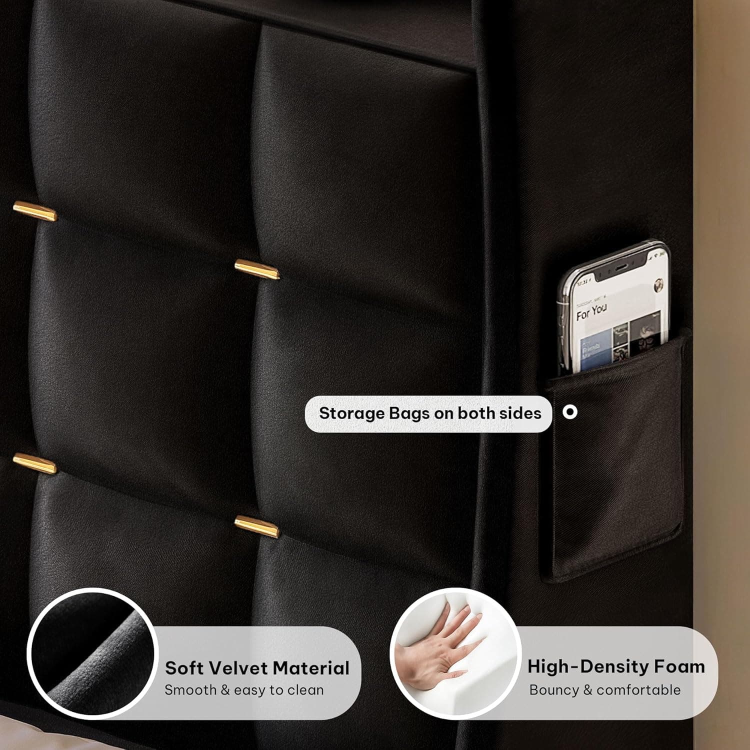 YITAHOME King Size Bed Frame with 3 Storage Drawers and RGB LED Lights, Velvet Upholstered Bed with Charging Station and Storage Headboard, No Box Spring Needed, Easy Assembly, Noise-Free, Black - Image 6