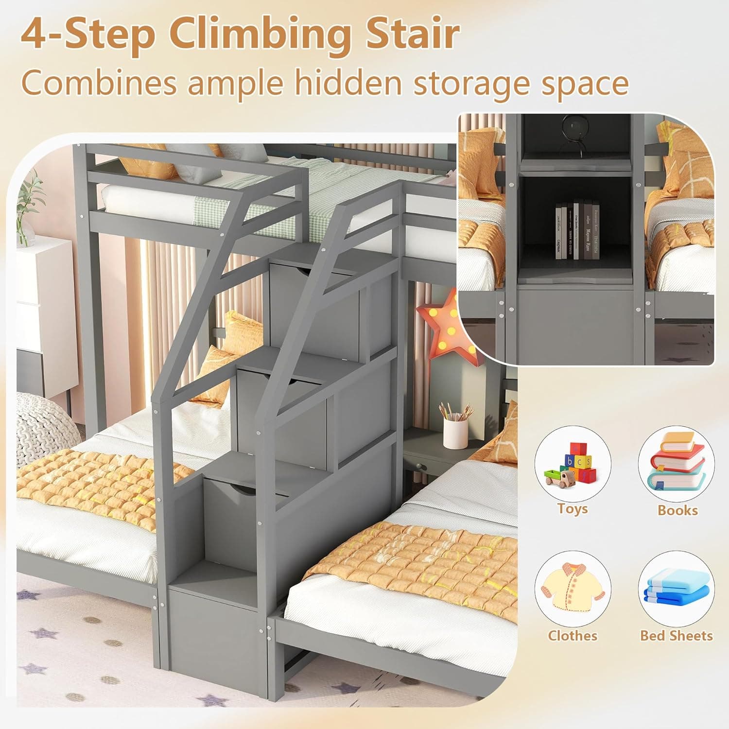 Bellemave Triple Bunk Bed Twin Over Twin Over Twin with Stairscase and Drawers for Storage, Wood Bunk Beds Frame for 3, Saving Spcae, Gray - Image 8