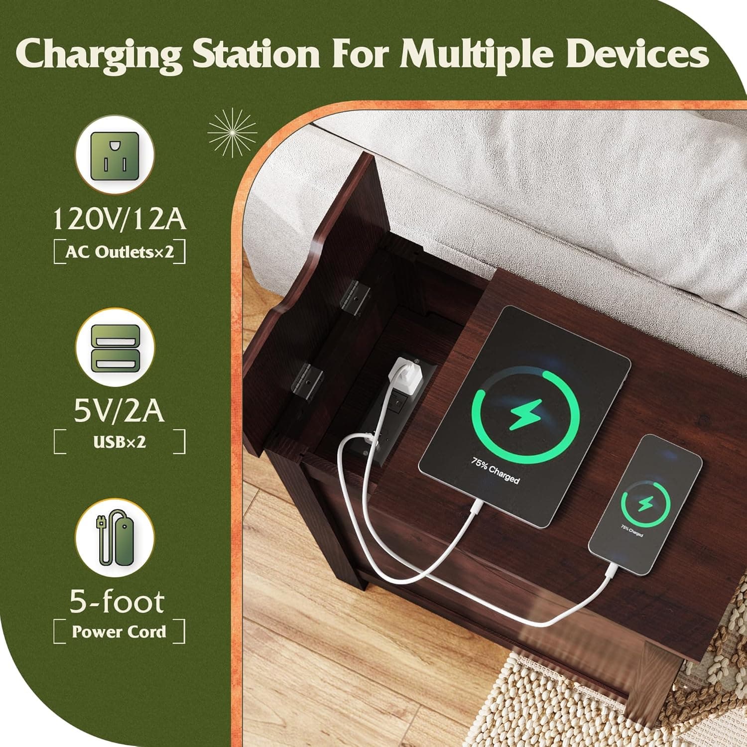 WLIVE End Table with Charging Station, Narrow Side Table for Living Room, Farmhouse Night Stand with Storage, Small Wooden Cabinet with USB Ports and Outlets for Living Room and Bedroom, Espresso Espresso 1 - Image 5
