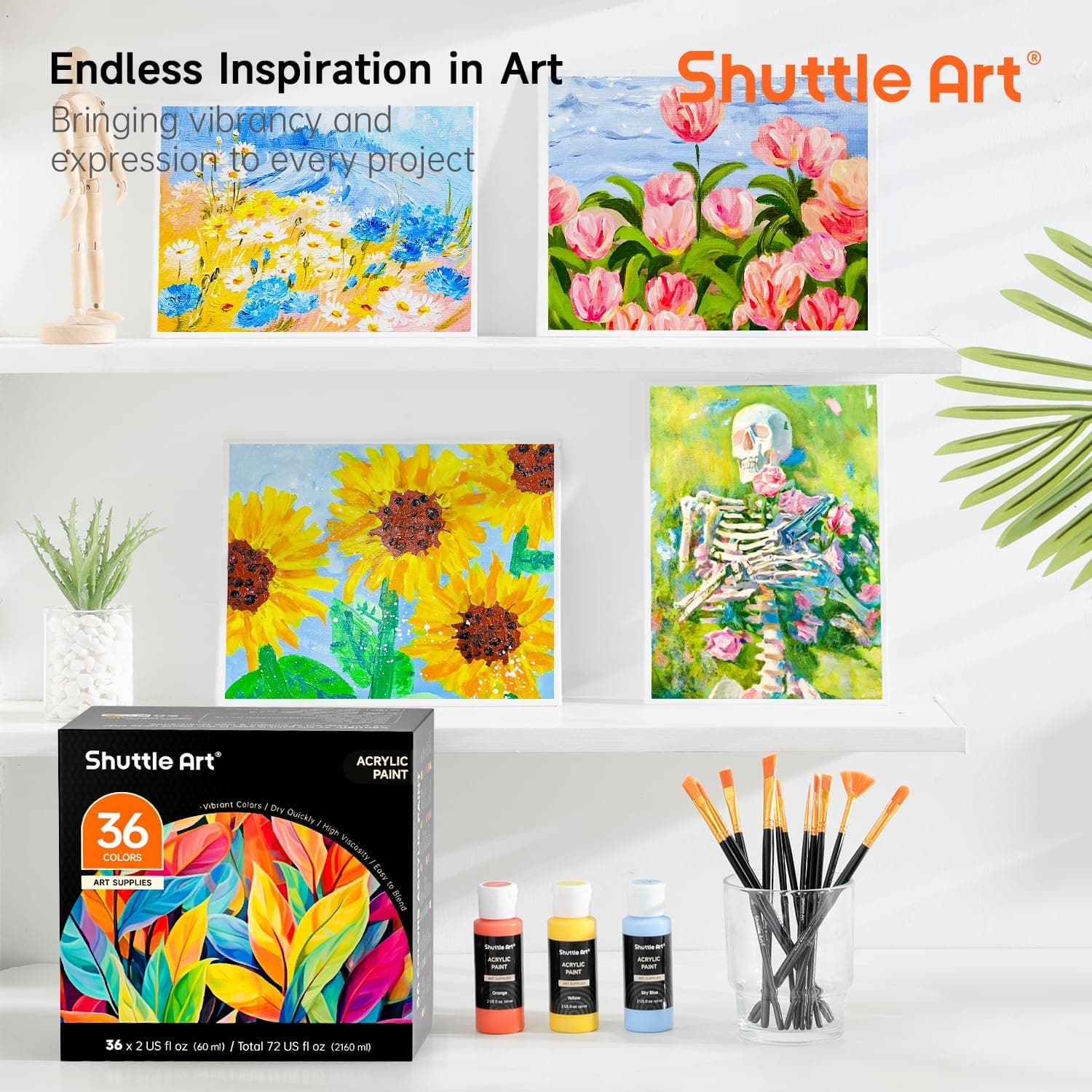 Shuttle Art Acrylic Paint Set, 36 Colors Acrylic Paint with Brushes & Palette, 2oz/60ml Bottles, Rich Pigments Non-toxic for Artists Kids & Adults, Painting on Canvas Rock Ceramic Wood Regular 2 Fl Oz (Pack of 36) - Image 8