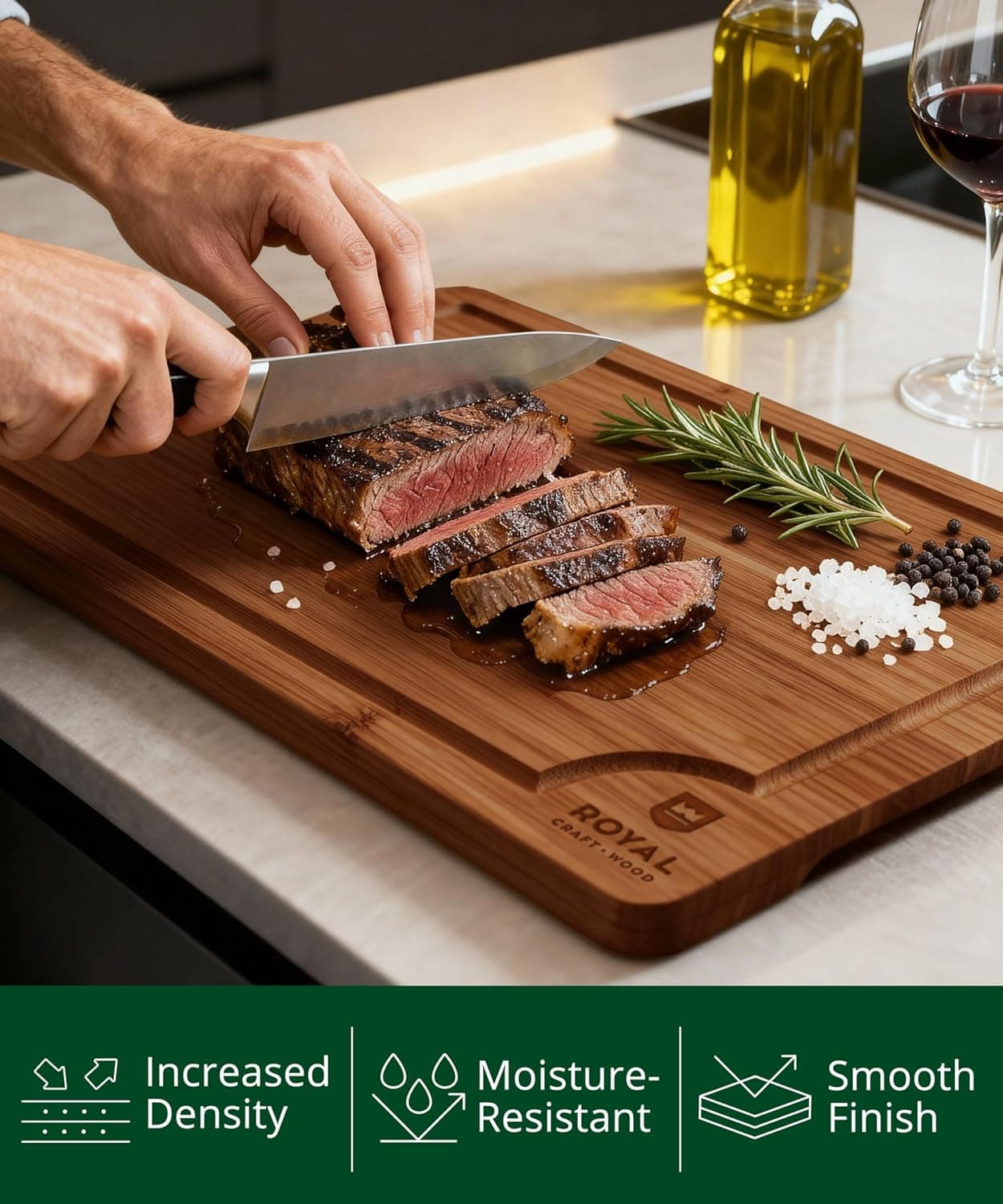 ROYAL CRAFT WOOD Wooden Cutting Boards for Kitchen Meal Prep & Serving - Bamboo Wood Serving Board Set with Deep Juice Groove Side Handles - Charcuterie & Chopping Butcher Block for Meat (3 Pcs) Carbonized Bamboo 3-Piece - Image 6