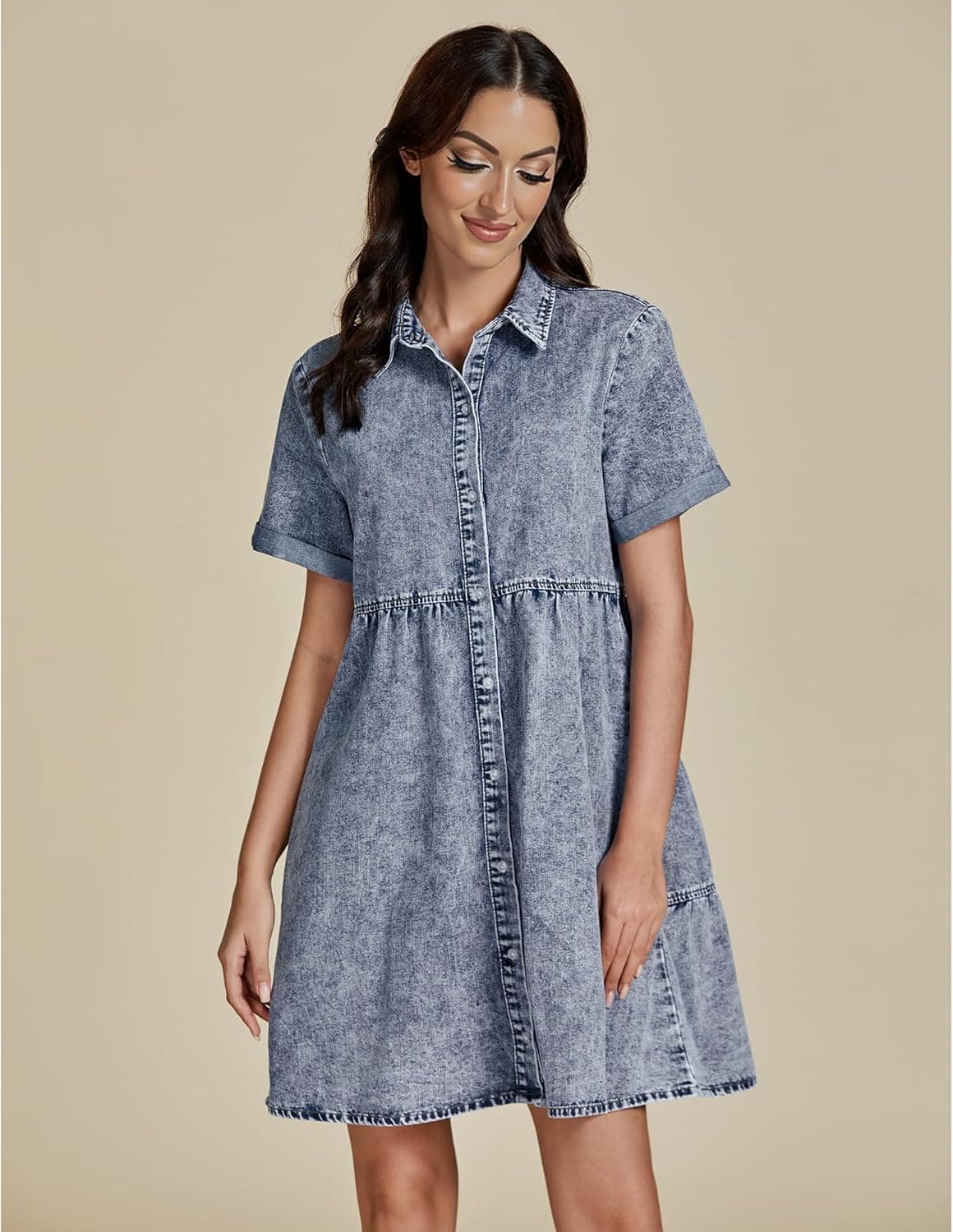 GRAPENT Flowy Summer Dresses para sa Kababaihan 2025 Blue Denim Shirt Dress Short Sleeve Dresses para sa Kababaihan Kulay Bay Blue Baggy Oversized Jean Dress para sa Spring & Summer Medium Size 8 Size 10 - Image 4