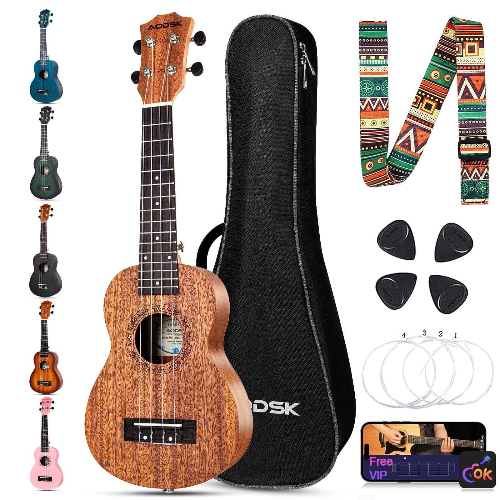 AODSK Ukulele Soprano para Principiantes de 21 Pulgadas con Funda, Correa, Cuerdas de Nylon y 4 Púas, Regalo de Vacaciones, Soprano Natural