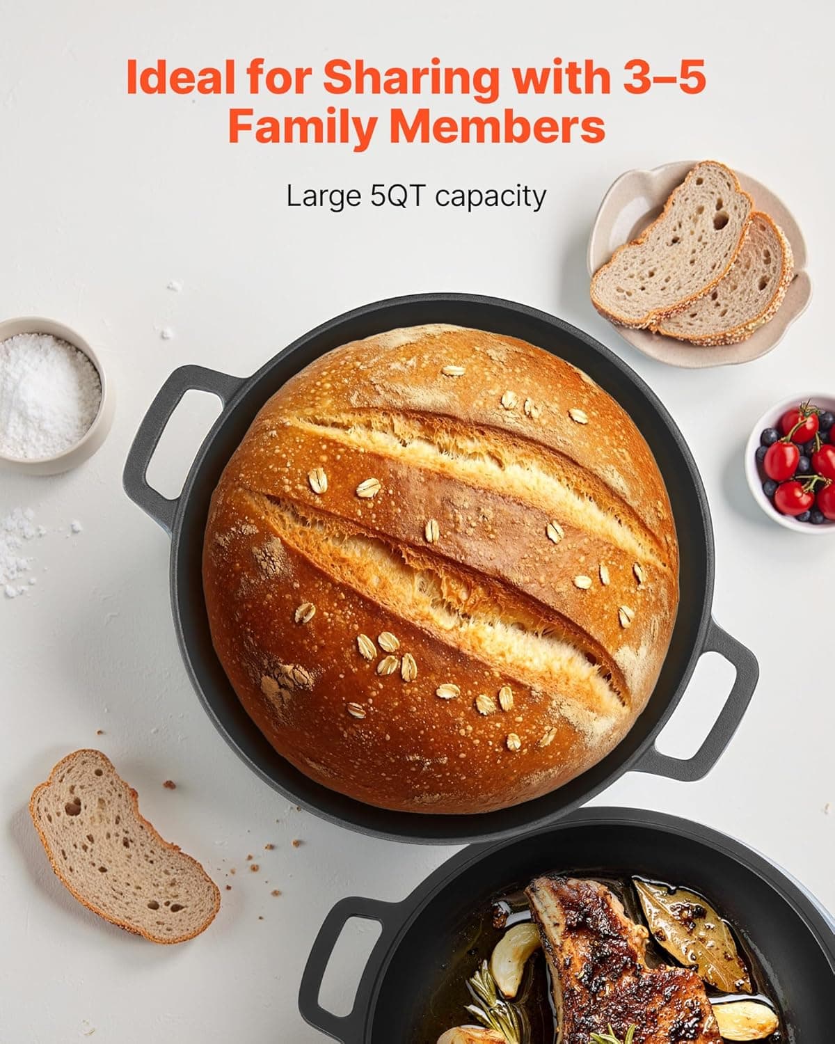 VEVOR Cast Iron Dutch Oven, 2-in-1 Pre-Seasoned Pot with Skillet Lid, 5QT Cookware Pan with Proofing Basket, Bread Baking Accessories, Bread-Oven Compatible 500℉ - Image 3