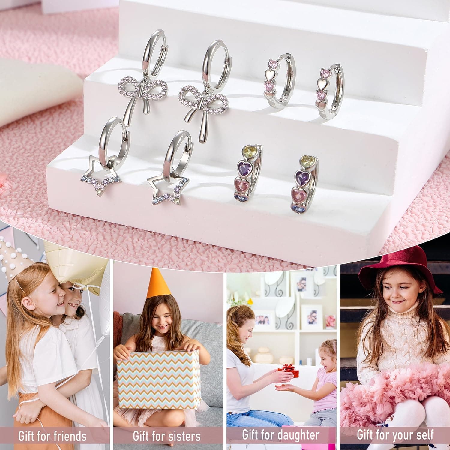 BESTEEL 4 Pairs Hypoallergenic Huggie Hoop Earrings for Girls Women Silver Plated Small Dangle Hoop Earrings Bow Earrings Tiny Cute CZ Heart Butterfly Earrings Set Pink Colorful Star Earrings for Sensitive Ears(over 3 years old) Heart star bow set - Image 7