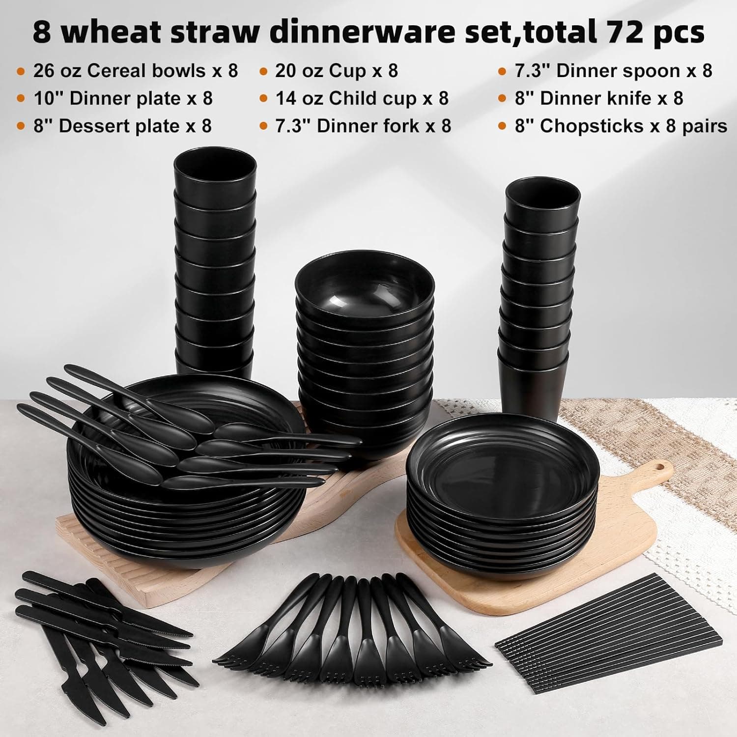 72 Pcs Plates and Bowls Sets, Unbreakable Wheat Straw Dinnerware Set Service for 8, Plastic Dish Set, Reusable Plates Bowls Cups for Kitchen, Camping, Outdoor, Dorm Microwave & Dishwasher Safe, Black - Image 4