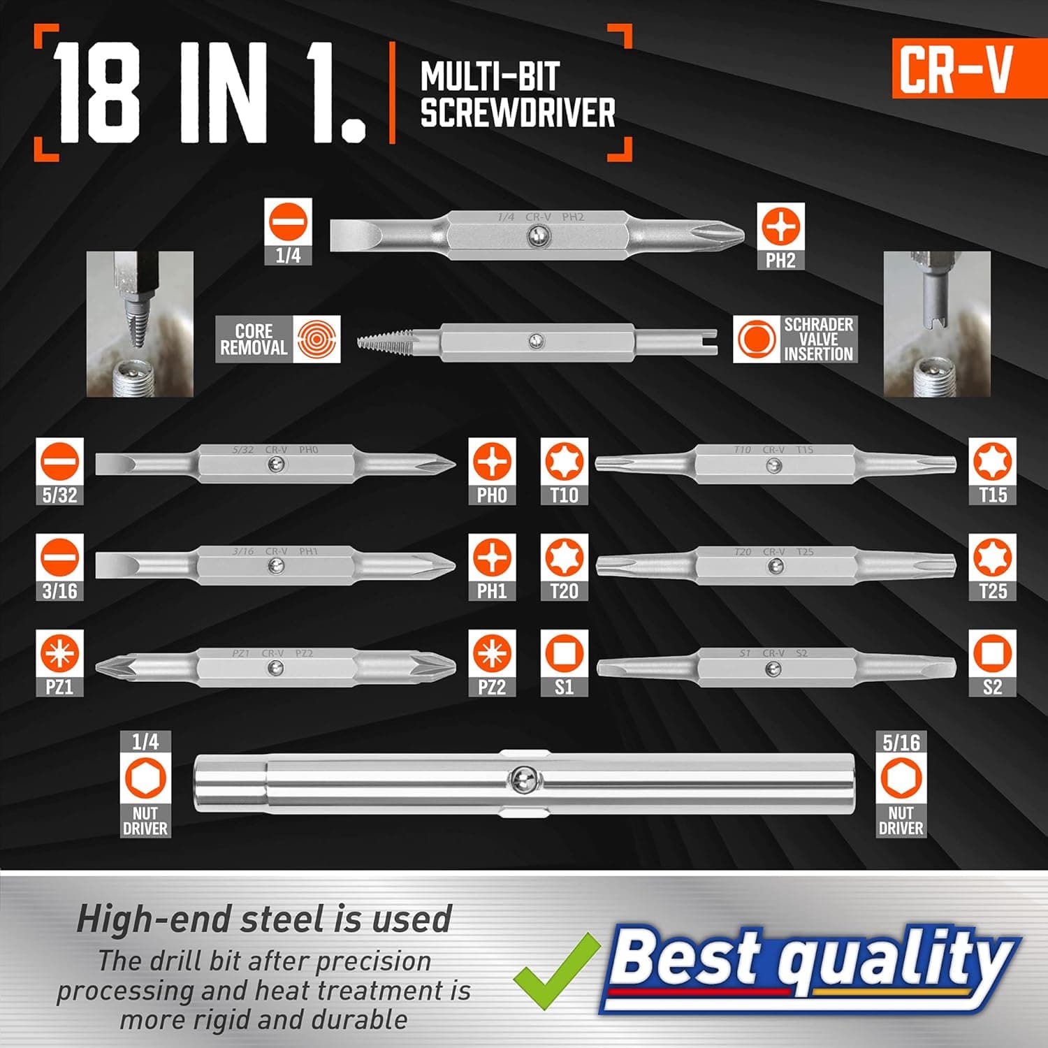 Amartisan 18-in-1 Multi-bit Screwdriver Set Tool All in One, Portable Multi-Purpose Screwdriver, Slotted/Philips/Pozi/Torx/Square,Nut Driver 18-in-1 Multi-bit Screwdriver Set Orange - Image 5