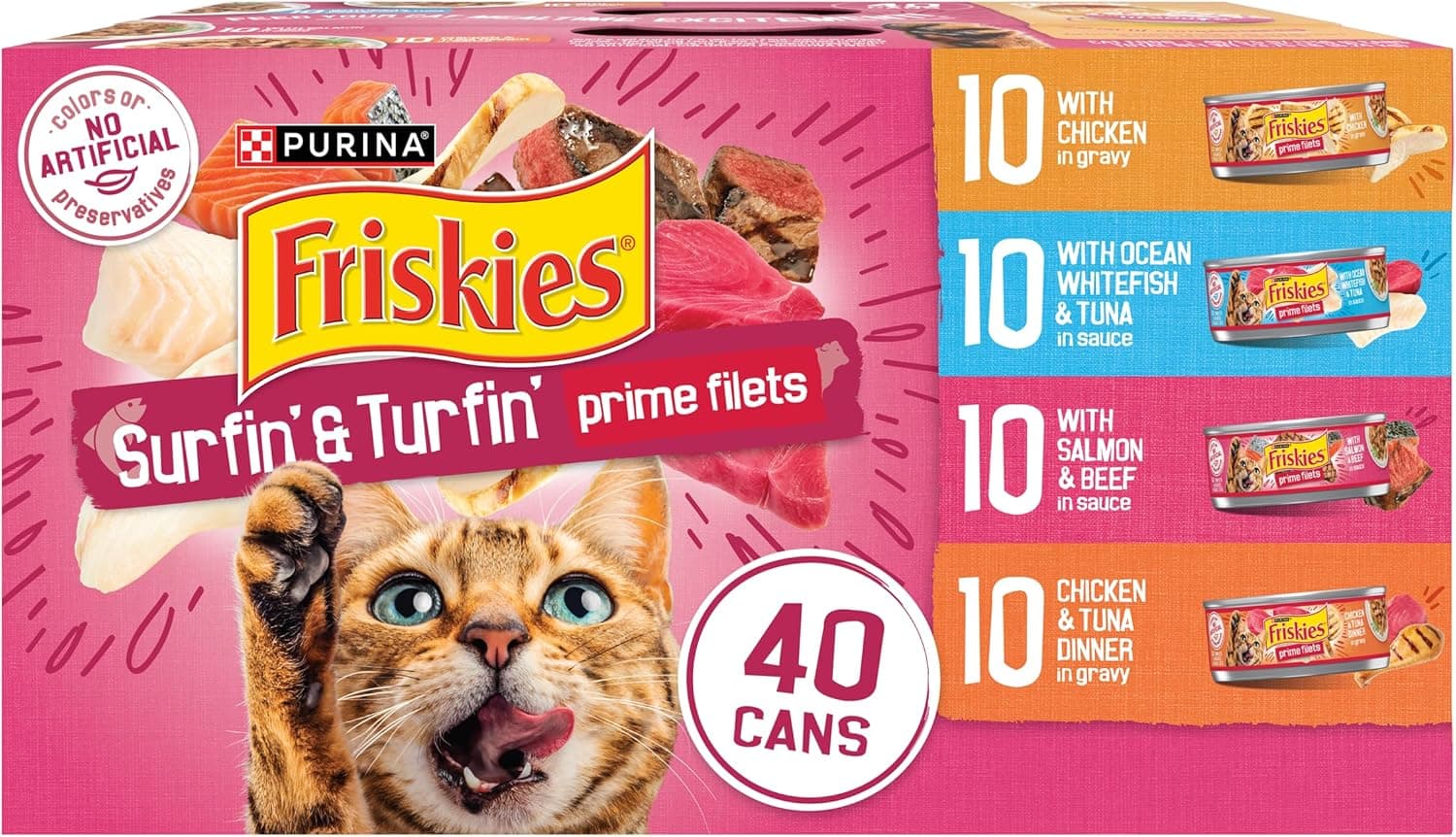 Purina Friskies Gravy Wet Cat Food Variety Pack, Surfin’ and Turfin’ Prime Filets Favorites - (Pack of 40) 5.5 oz. Cans Chicken, Ocean Whitefish & Tuna, Salmon & Beef, Chicken & Tuna 5.5 Ounce (Pack of 40) - Image 2