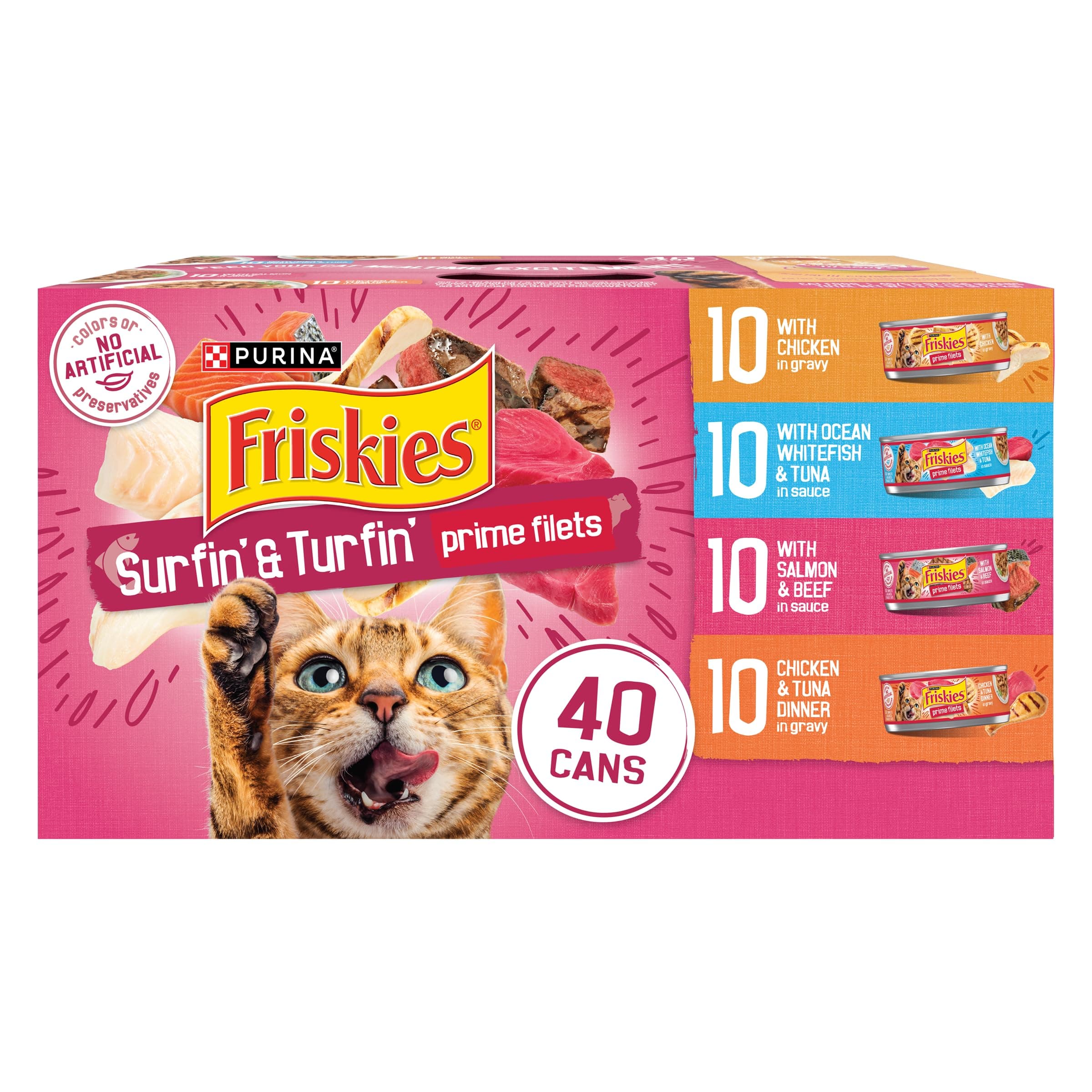 Purina Friskies Gravy Wet Cat Food Variety Pack, Surfin’ and Turfin’ Prime Filets Favorites - (Pack of 40) 5.5 oz. Cans Chicken, Ocean Whitefish & Tuna, Salmon & Beef, Chicken & Tuna 5.5 Ounce (Pack of 40)