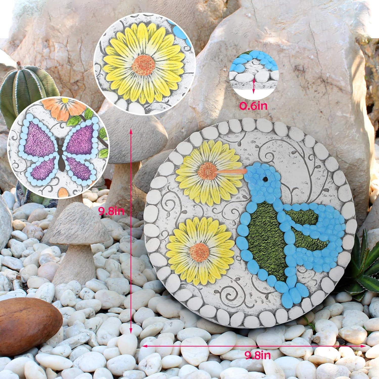 Garden Stepping Stones Set of 2 Butterfly Outdoor Garden Decor 10 inch Round Decorative Stones Pavers for Garden Walkway Landscaping, Hummingbird Gifts (N6-YYD334) 9.8 x 9.8 x 0.6 inches Butterfly Hummingbird - Image 4