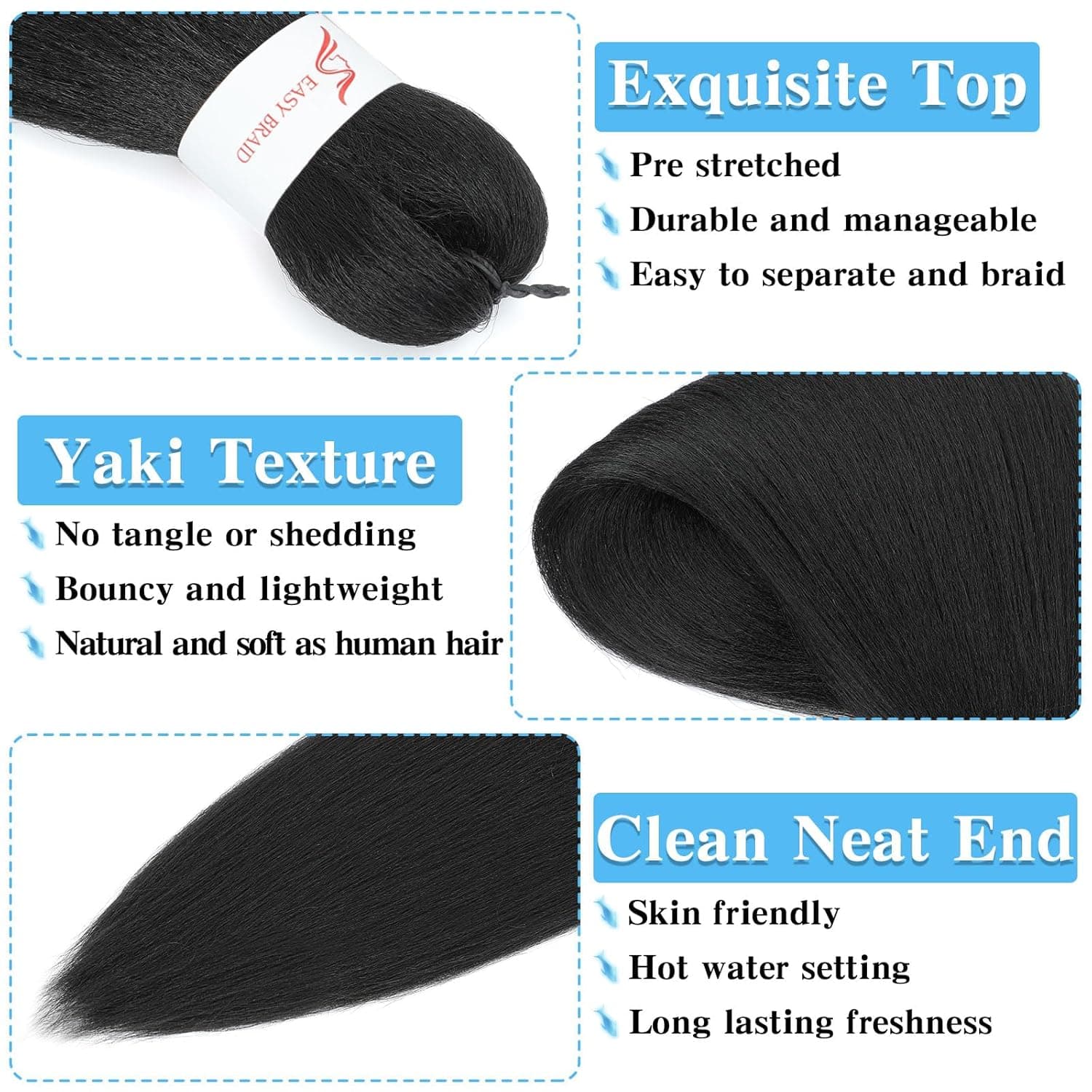 Pre Stretched Braiding Hair 20 Inch 8 Pack Long Braiding Hair Pre Stretched Hair For Braiding Hot Water Setting Soft Yaki Texture Synthetic Crochet Braids Hair For Women Girls (20Inch,1B) 20 Inch (Packs of 8) 1B - Image 4