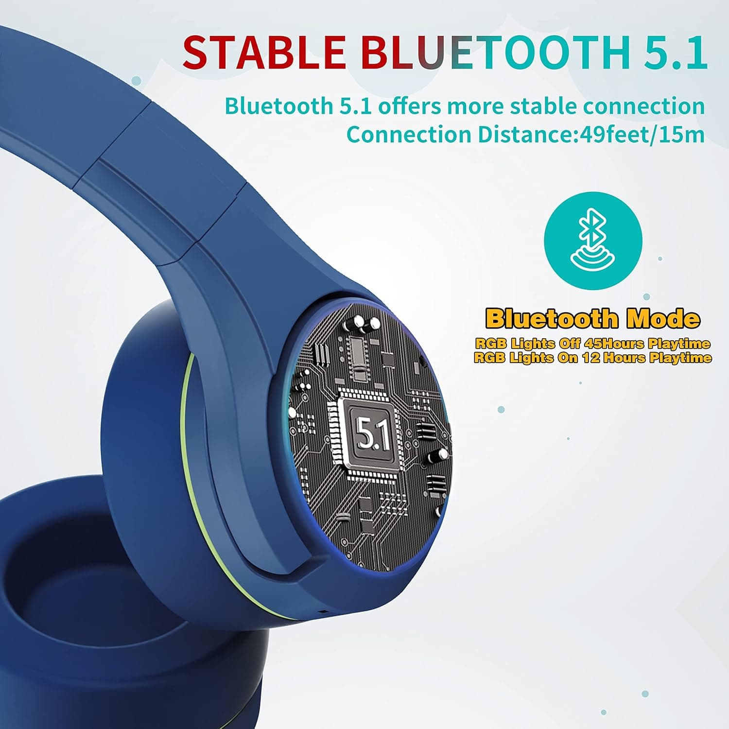 Riwbox CF9 Cat Ear Kids Bluetooth Headphones with LED Light Up,Safe 85dB Volume Limit,Built-in Mic&Boom Mic for Calls,Kids Wireless&Wired Headphones for Tablet/Airplane/School/Online Learning(Blue) - Image 10