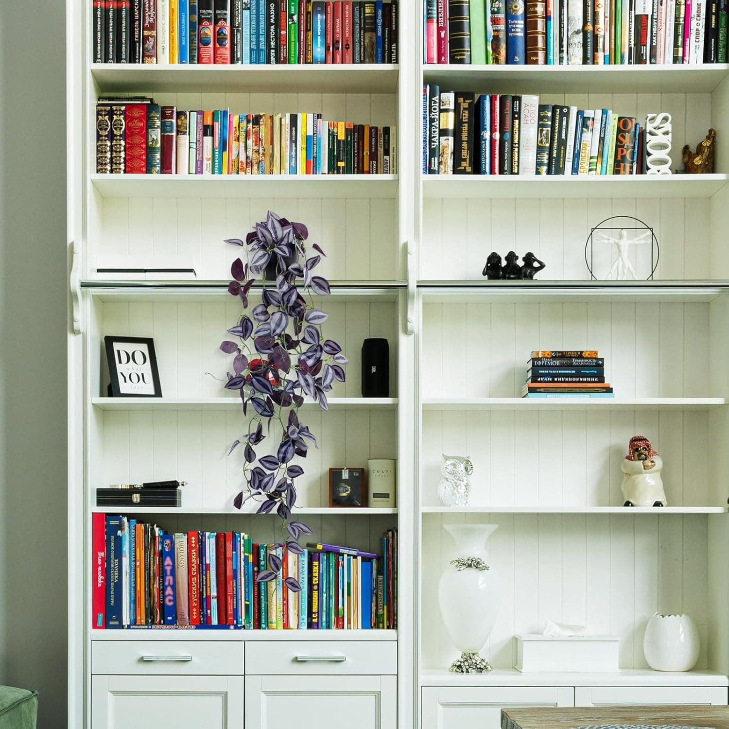 LOYWREE Small Fake Hanging Purple Eyebrow Leaf Plant Artificial Potted Plants Indoor 39-in Long Faux Dark Black Vine Plant with Pot for Shelf Home Office and Outdoor Garden Decor (Black Pot) Dark Eyebrow 1Pack - Image 5