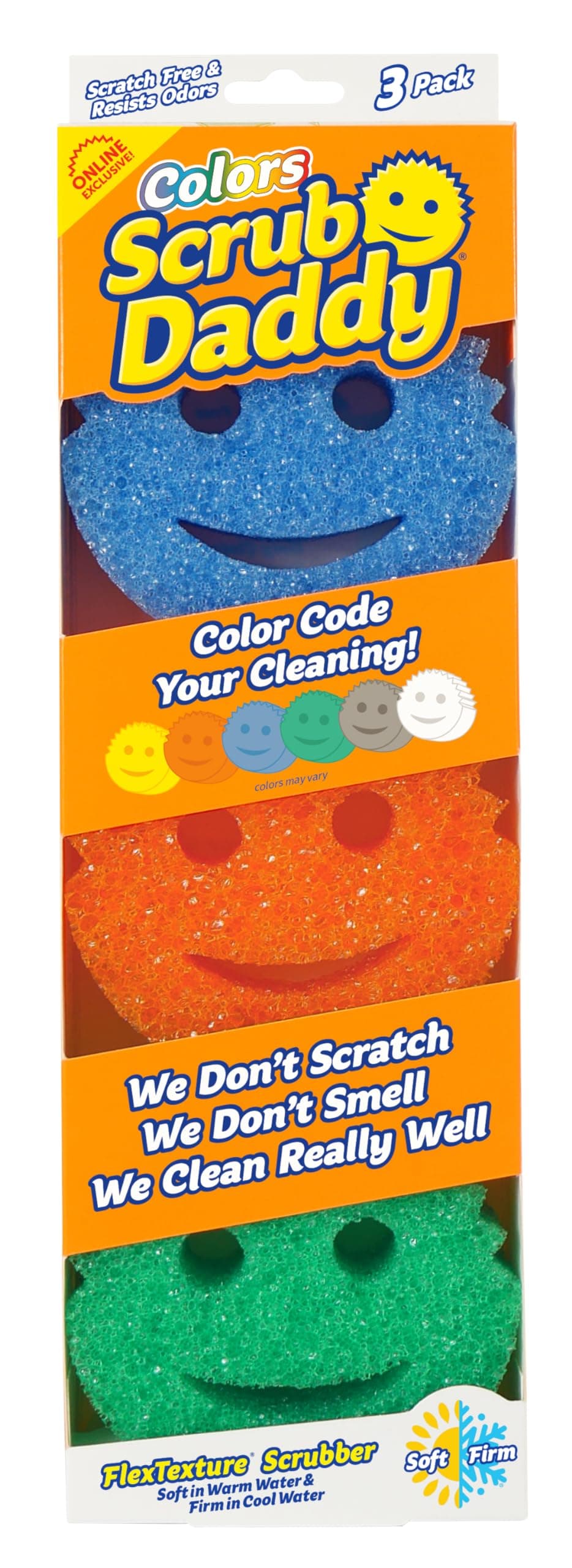 Scrub Daddy Color Sponges - Scratch-Free Multipurpose Dish Sponges for Kitchen, Bathroom & Household Cleaning - Made with BPA-Free Polymer Foam (3 Count) 3 Count (Pack of 1) Exclusive Scrub Daddy Colors