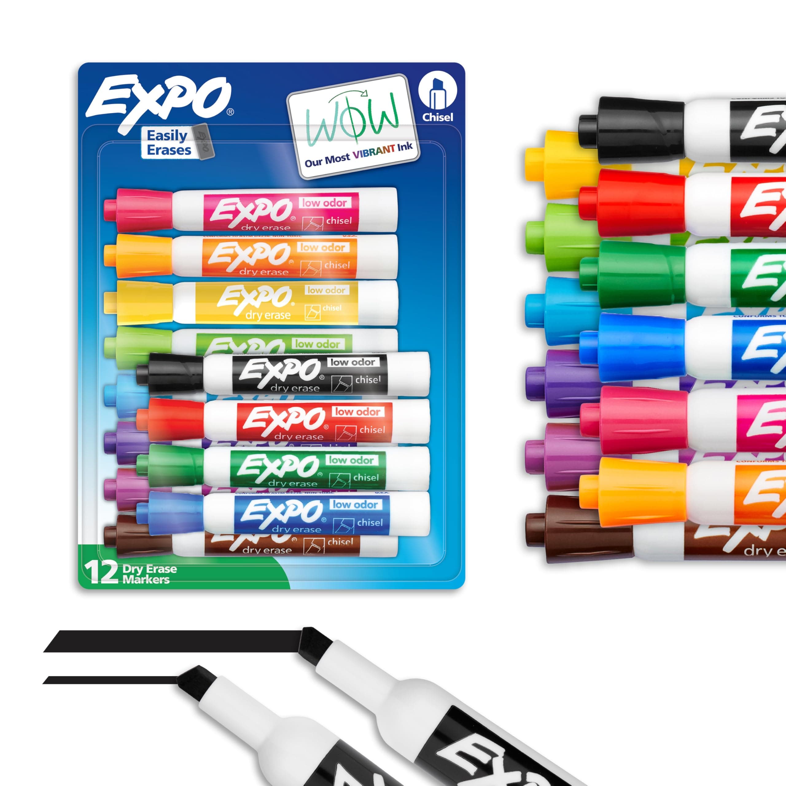 EXPO Dry Erase Markers, Low Odor Ink, Assorted Colors, Chisel Tip, 12 Count - Easily Erases, Vibrant Ink, Ideal for Classroom, Back to School Supplies, Teachers, Office, Whiteboard & Home