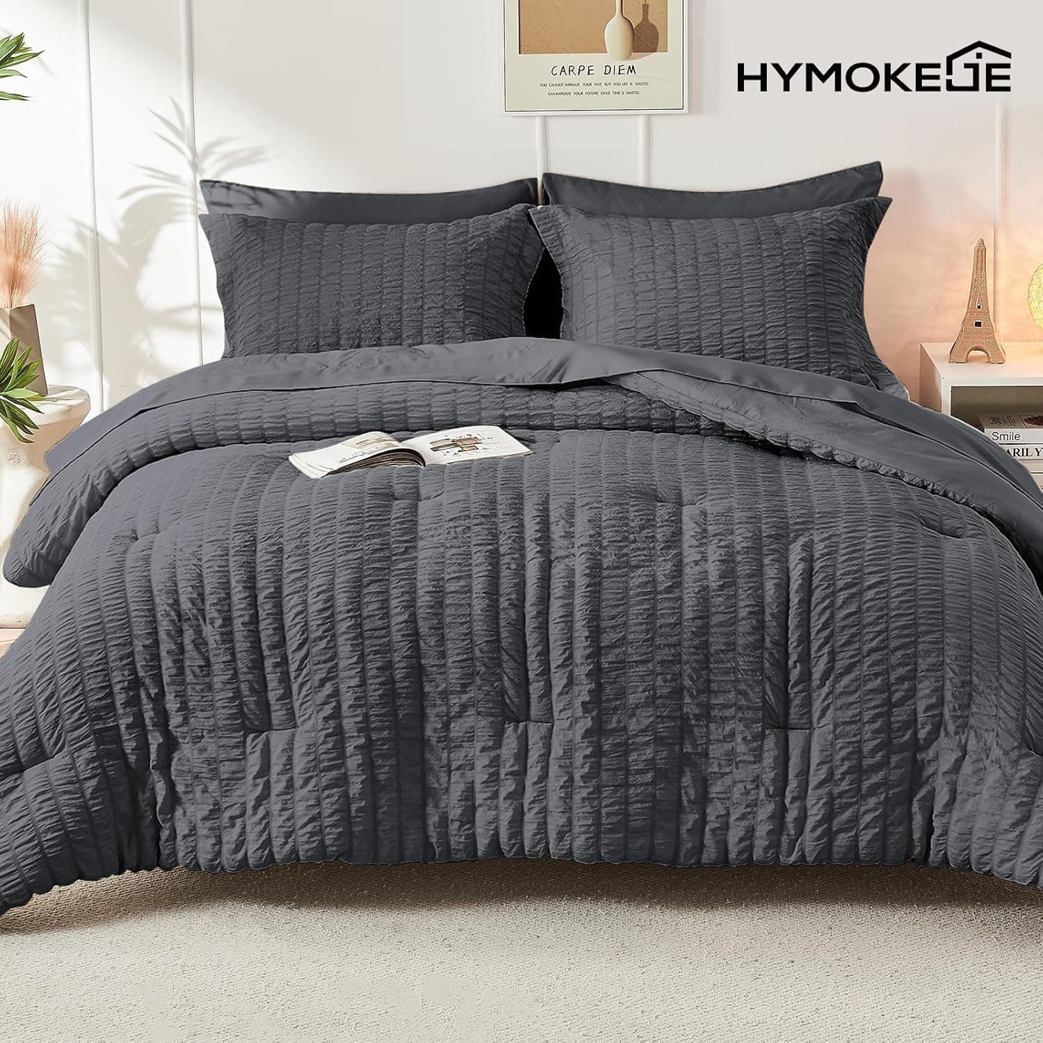 HYMOKEGE Queen Comforter Set Seersucker 7 Pieces, All Season Luxury Bed in a Bag for Bedroom, Bedding Set with Comforters, Sheets, Pillowcases & Shams, Dark Grey Queen(88"x 88") Dark Grey - Image 10