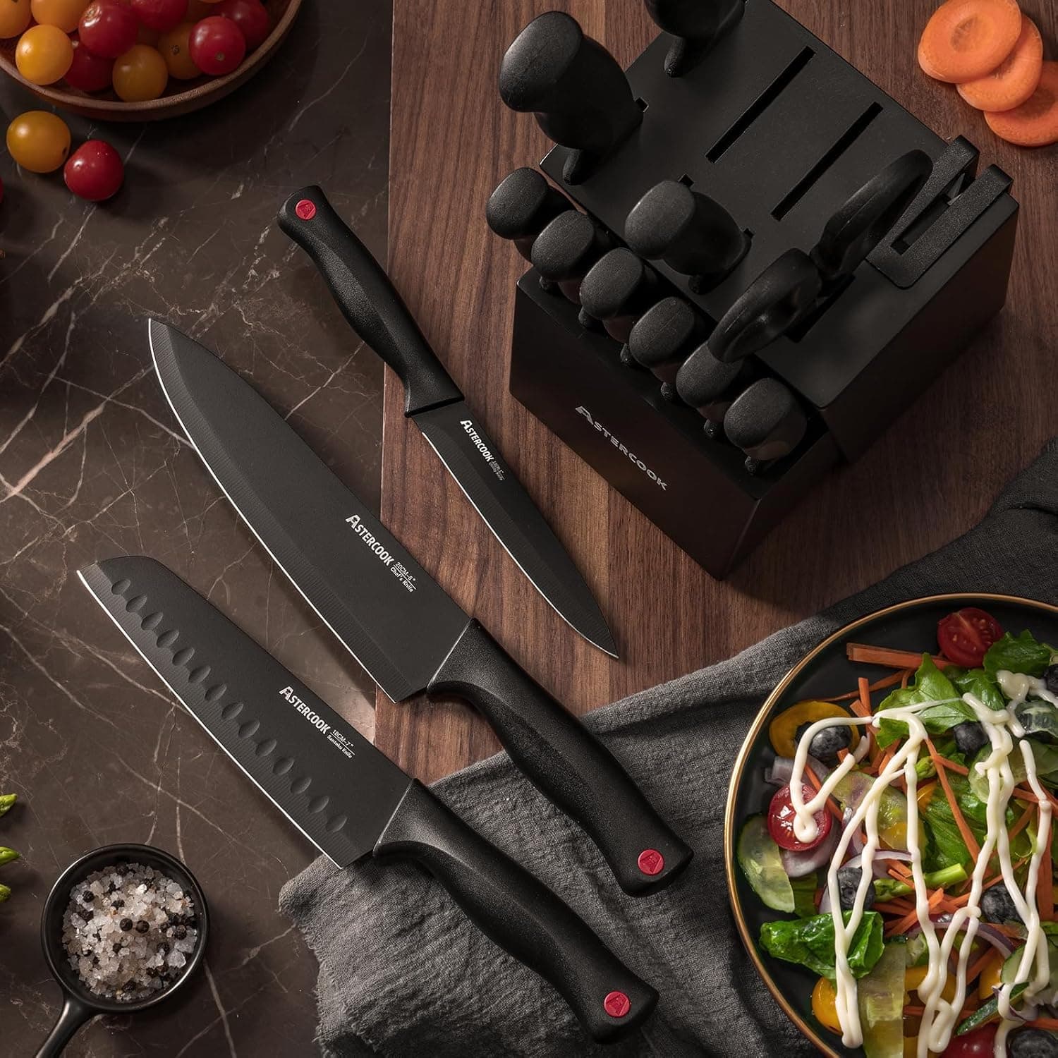 Astercook 15 Piece Knife Set with Sharpener Block - German Stainless Steel, Dishwasher Safe Kitchen Knives with Built-In Sharpener, Black - Image 7