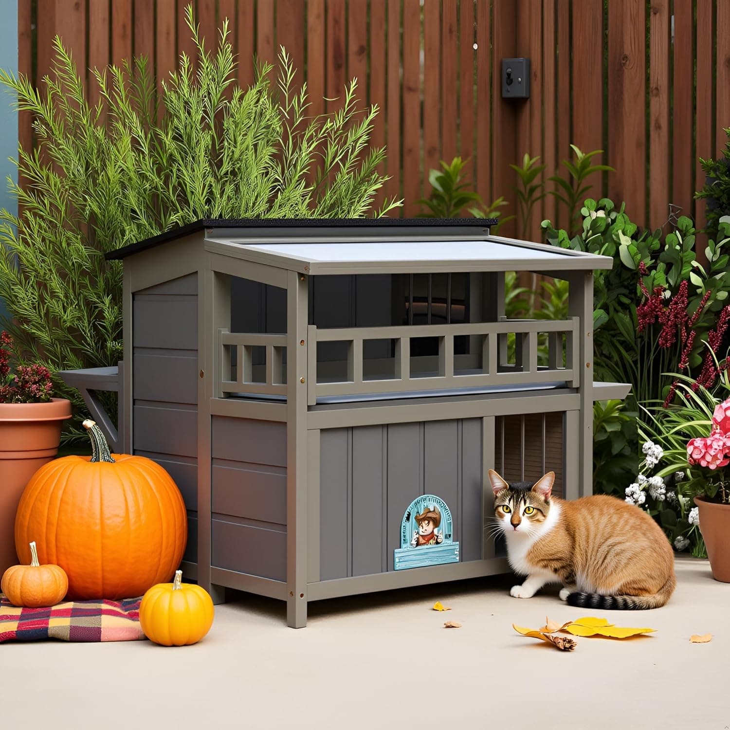 Outdoor Cat House, 2-Tier Warm Wood Cat Shelter with Sunlight Roof, Balcony, Jumping Platforms, Kitty Pet Porch Enclosure, Weatherproof, Openable, Gray Gray GENERAL - Image 2