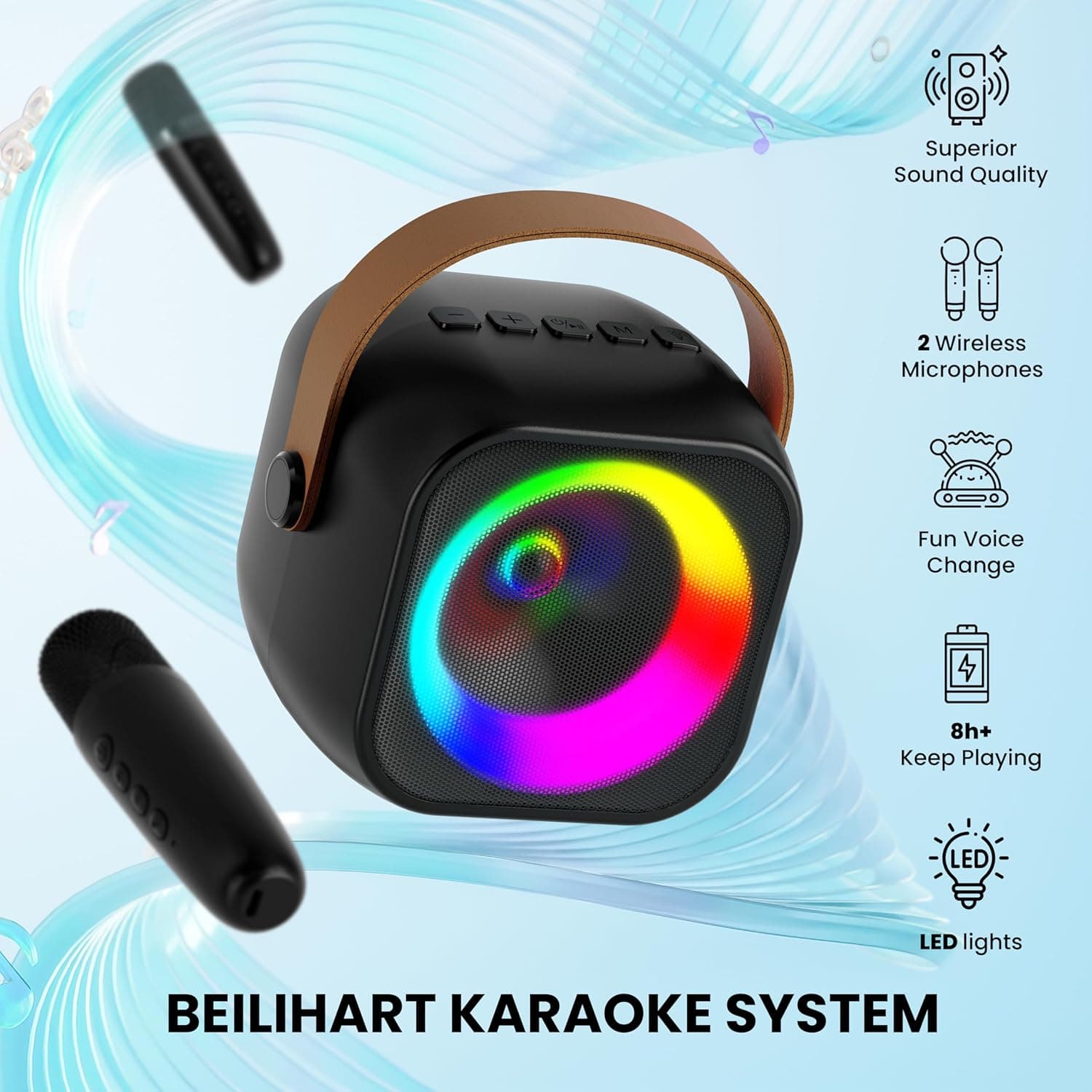 Mini Karaoke Machine, Portable Bluetooth Karaoke Speaker with 2 Wireless Microphones and Party Lights for Kids and Adults, Birthday Gifts for Girls Boys Family Home Party Black 2 Mics - Image 8