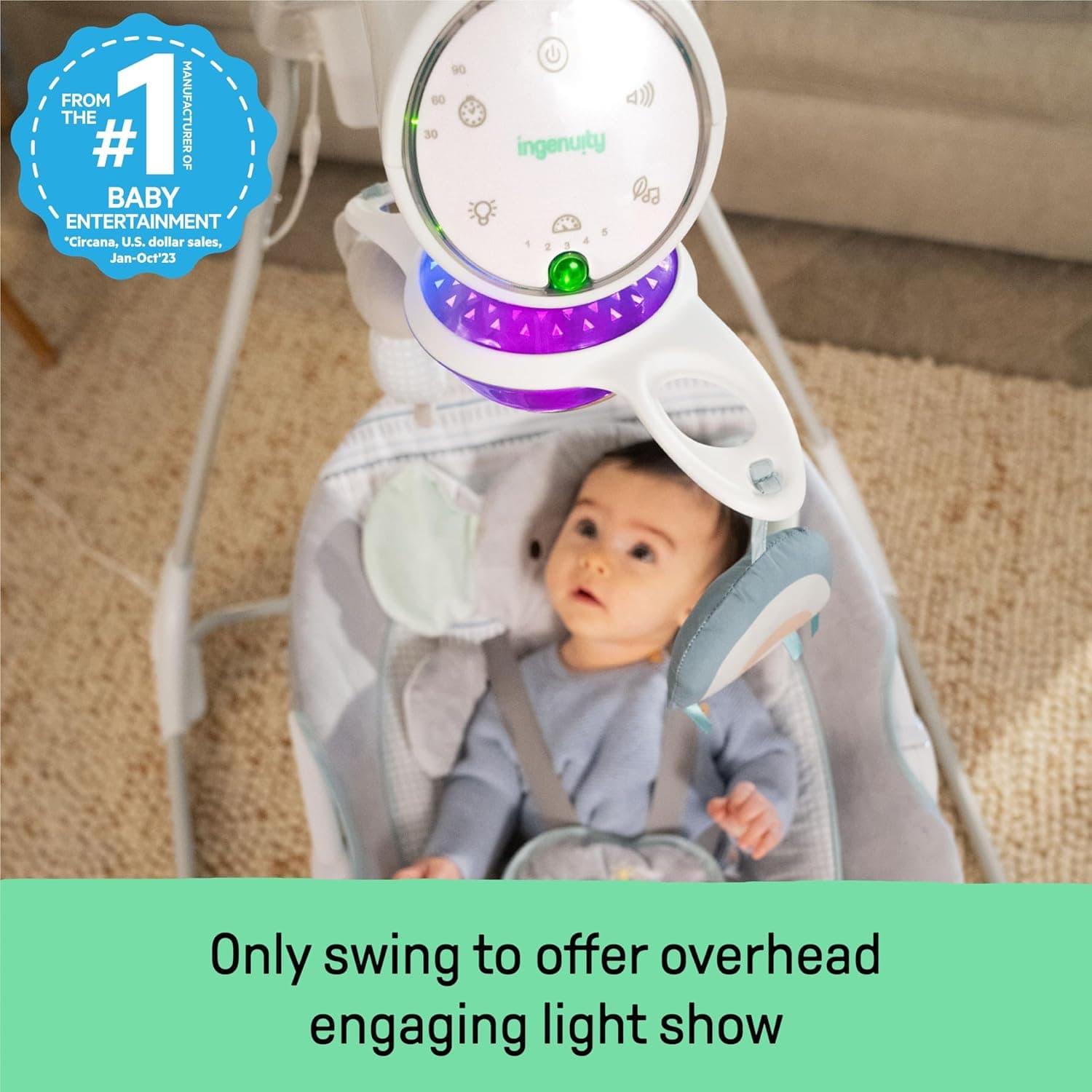 Ingenuity InLighten 5-Speed Baby Swing - Swivel Infant Seat, 5 Point Safety Harness, Nature Sounds, Lights - Van Elephant Van The Elephant - Image 4