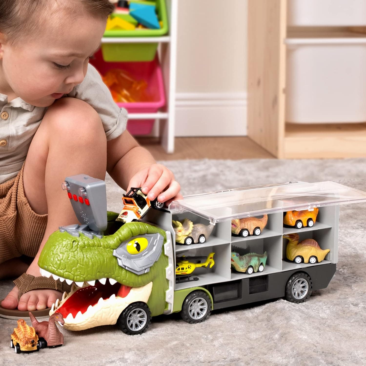 JOYIN 13 in 1 Dinosaur Toys for Kids 3-5, Dinosaur Truck with 12 Pull Back Cars, Birthday Gifts Toys for 3 4 5+ Year Old Boy, Transport Carrier Truck for Toddlers, Christmas Great Gifts for Grandkids Tyrannosaurus Truck - Image 10