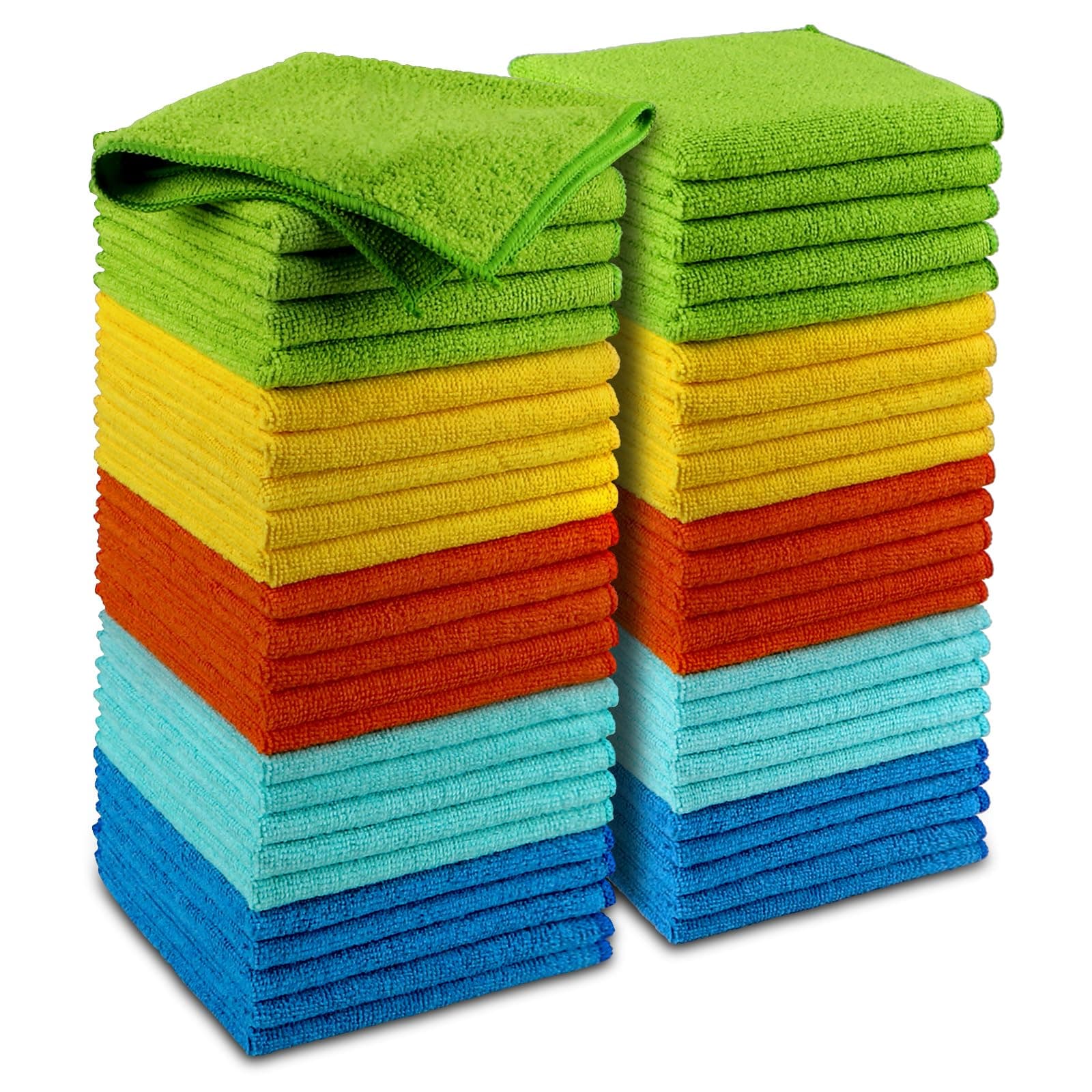 AIDEA Microfiber Cleaning Cloth, 50PK, Microfiber Towels for Cars, Premium Wash Cloths, Dusting Cloth Cleaning Rags, Absorbent Towels for SUVs, House, Kitchen, Window, Cleaning Supplies12×12" Yellow Blue Green 50PK