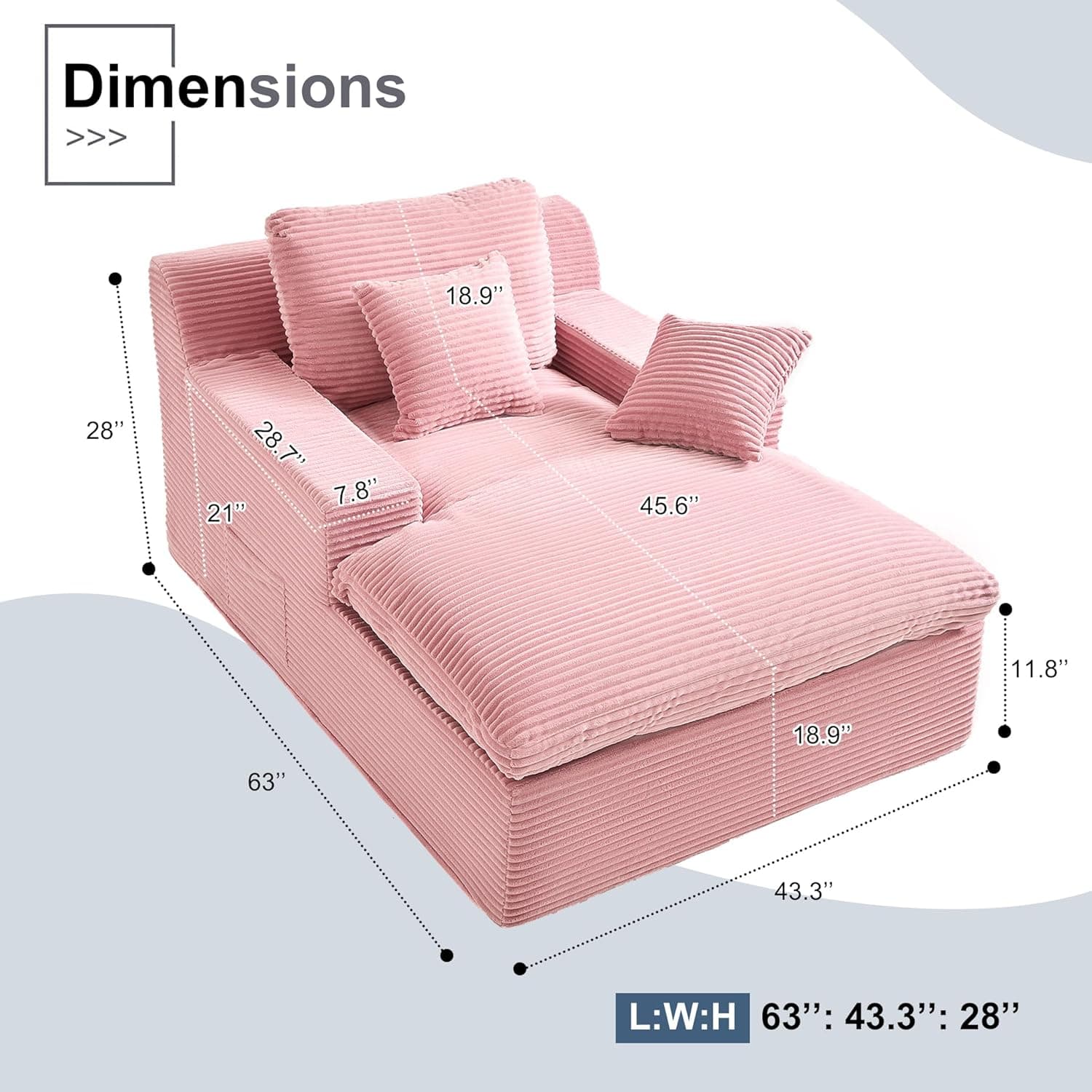 63" Oversized Boneless Chaise Lounge Chair, Extra Cloud Layer, Convertible Sleeper Sofa Couch with Removable Pillows & Side Pockets, Corduroy Upholstered Sofa Bed with Armrests for Living Room, Pink Pink Oversized - Image 3