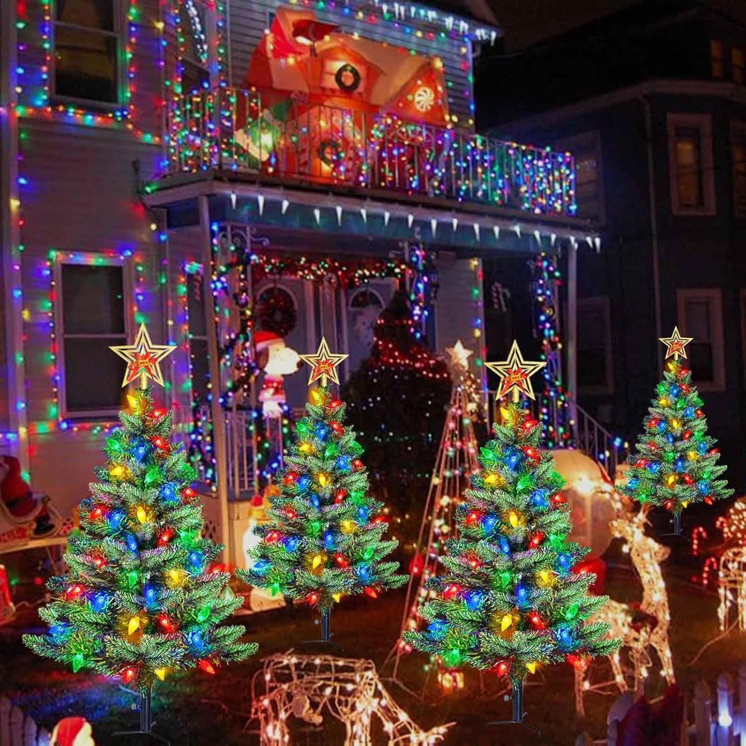 Upgraded Set of 2 Solar Christmas Tree, Outdoor Christmas Decorations,Prelit Xmas Tree w/ 100 LED Multi-color C6 String Lights for Outsdie Holiday Display Yard Front Porch Pathway Grave Cemetery Decor - Image 6