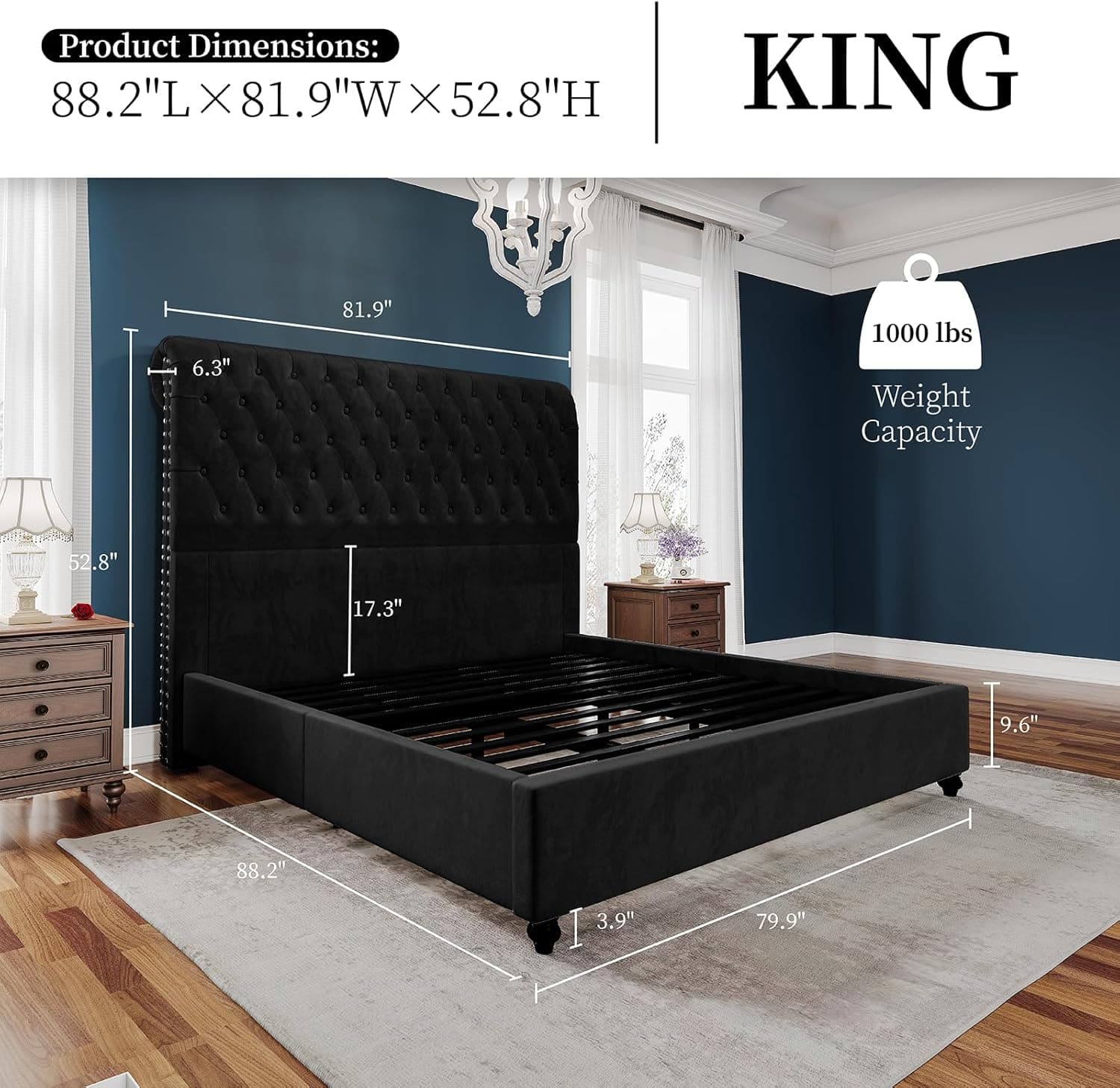PaPaJet King Bed Frame Upholstered Platform Bed Frame with 53'' Tall Sleigh Headboard, Button Tufted, No Box Spring Needed, Easy Assembly, Black Black King - Image 3