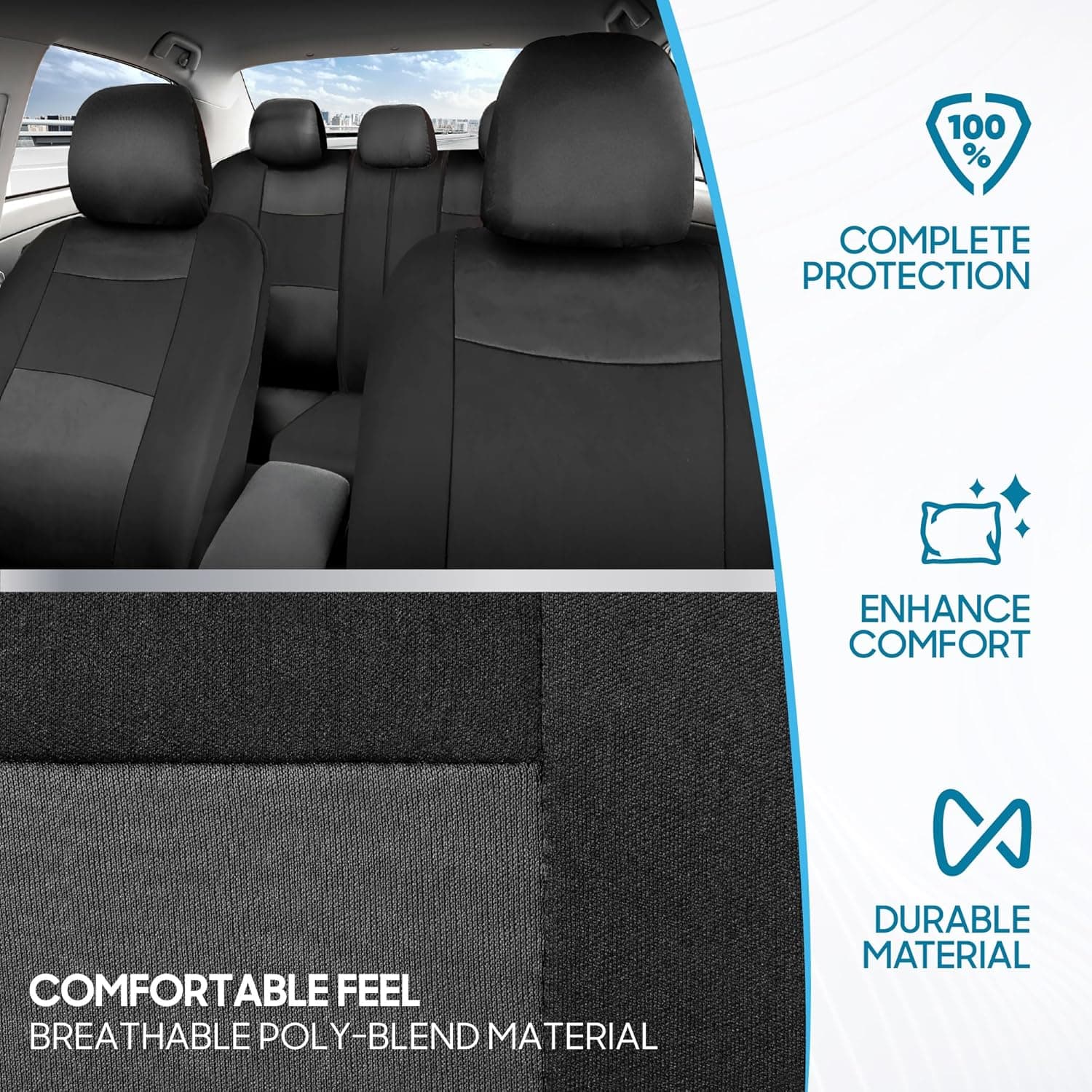 BDK PolyPro Car Seat Covers Full Set in Charcoal on Black – Front and Rear Split Bench for Cars, Easy to Install Cover Set, Accessories Auto Trucks Van SUV Charcoal Gray - Image 5