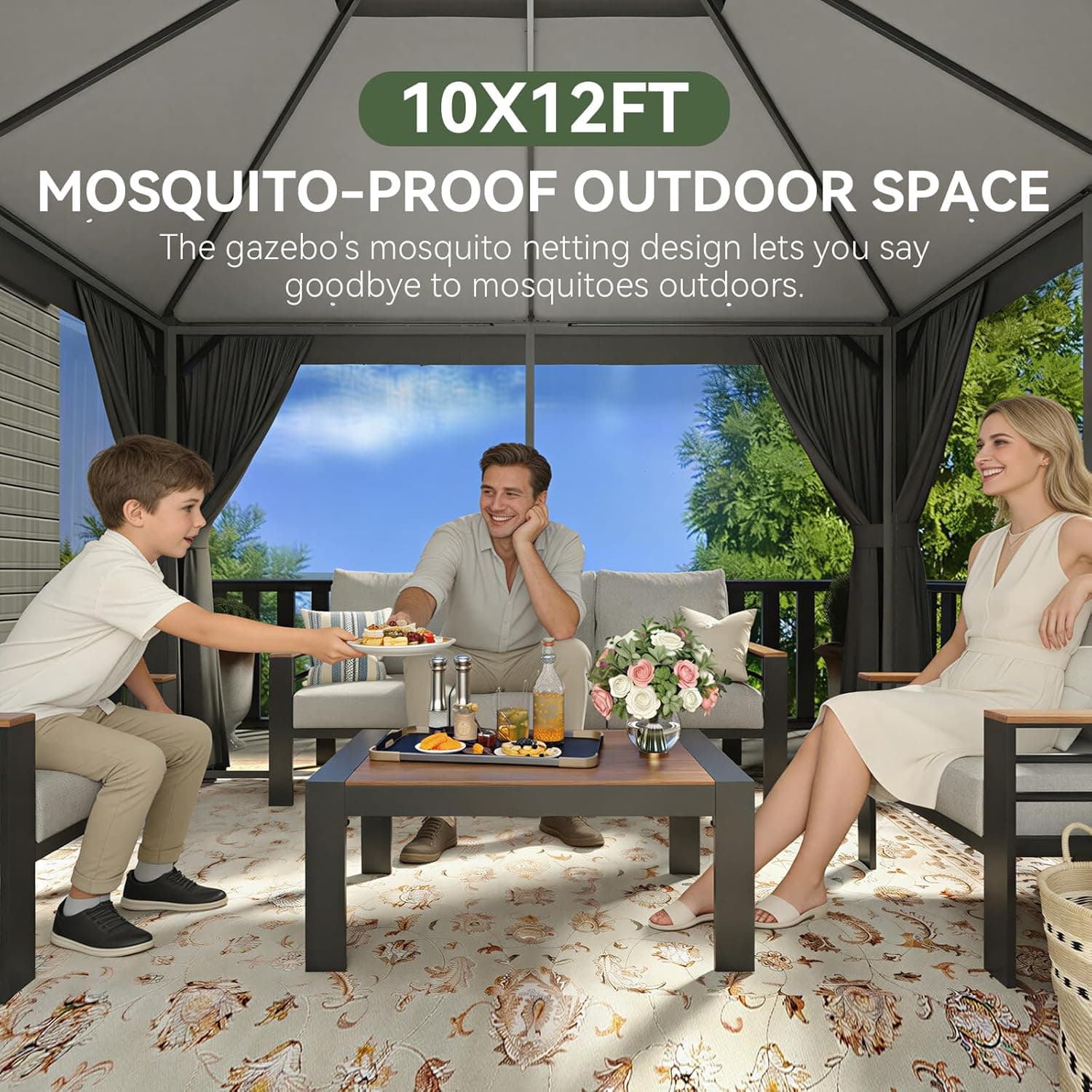 Aoxun Outdoor Gazebo for Patio 10x12, Metal Frame Canopy with Double Roofs, Heavy Duty Party Tent and Shelter with Mosquito Netting and Privacy Screen for Backyard, Lawn, Garden, Deck 10 X 12 Gray - Image 3