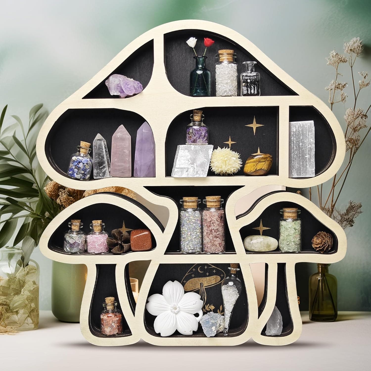 Wooden Mushroom Floating Shelves, Crystal Display Shelf for Wall, Cute Mushroom Wall Decor, Rock Gem Stone Storage Organizer, Essential Oil Holder Hanging Case, Meditation Art Spiritual Gift 3 Mushrooms - Image 9