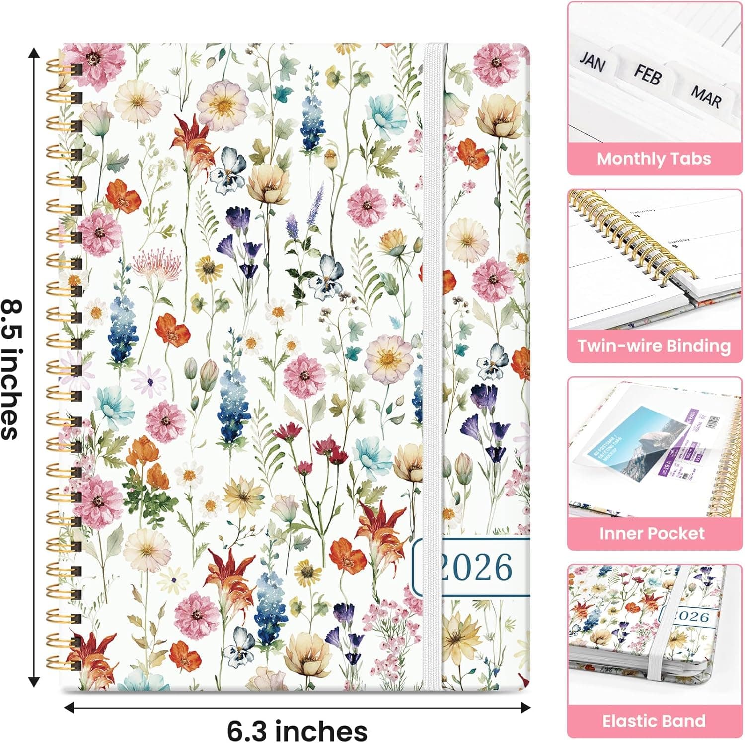2026 Planner, Weekly and Monthly Calendar Planner for Women, Jan 2026 - Dec 2026, Hardcover Planning Agenda Book with Tabs, Spiral Bound, Inner Pocket, Perfect for School Office Supplies, 6.3" x 8.5" - Wildflowers A-Wildflower (6.3"x8.5")A5 - Image 4