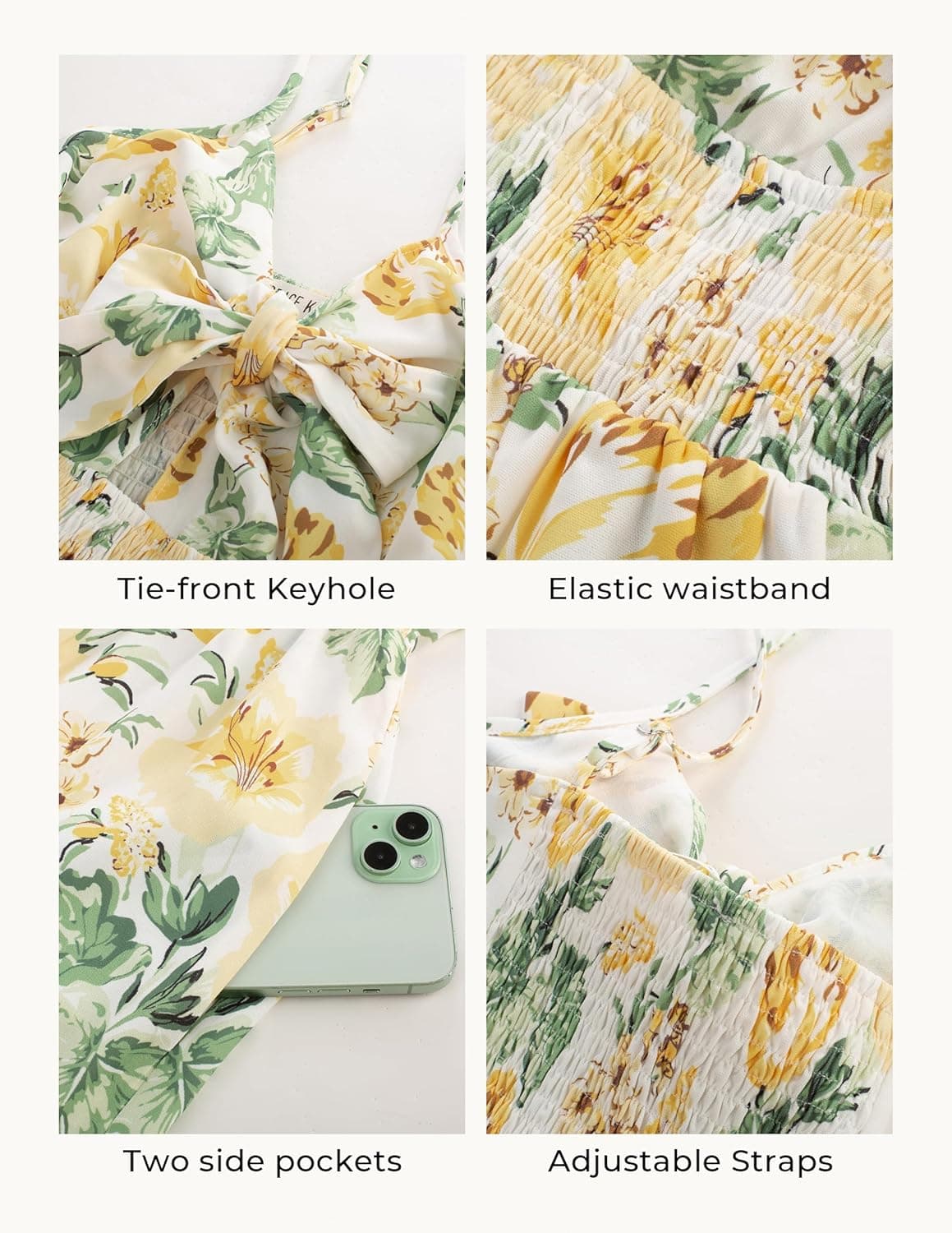 GRACE KARIN Women's 2026 Summer Maxi Dress Floral Tie Front Spaghetti Strap Casual Boho Beach Flowy Sundress with Pockets Large White Yellow Flowers - Image 6