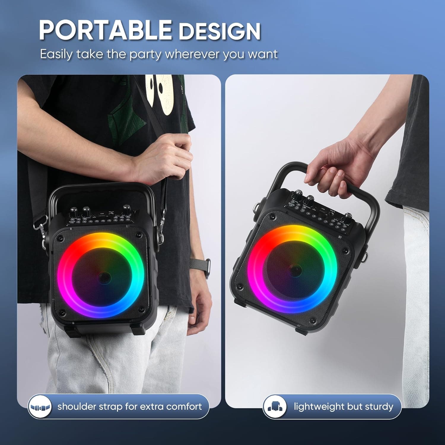 Karaoke Machine, Portable Bluetooth Speaker with 2 Wireless Microphones for Adults & Kids with Lights, Karaoke Microphone with PA System Supports USB/TF/FM/AUX for Home Party Home System Packages Black - Image 7