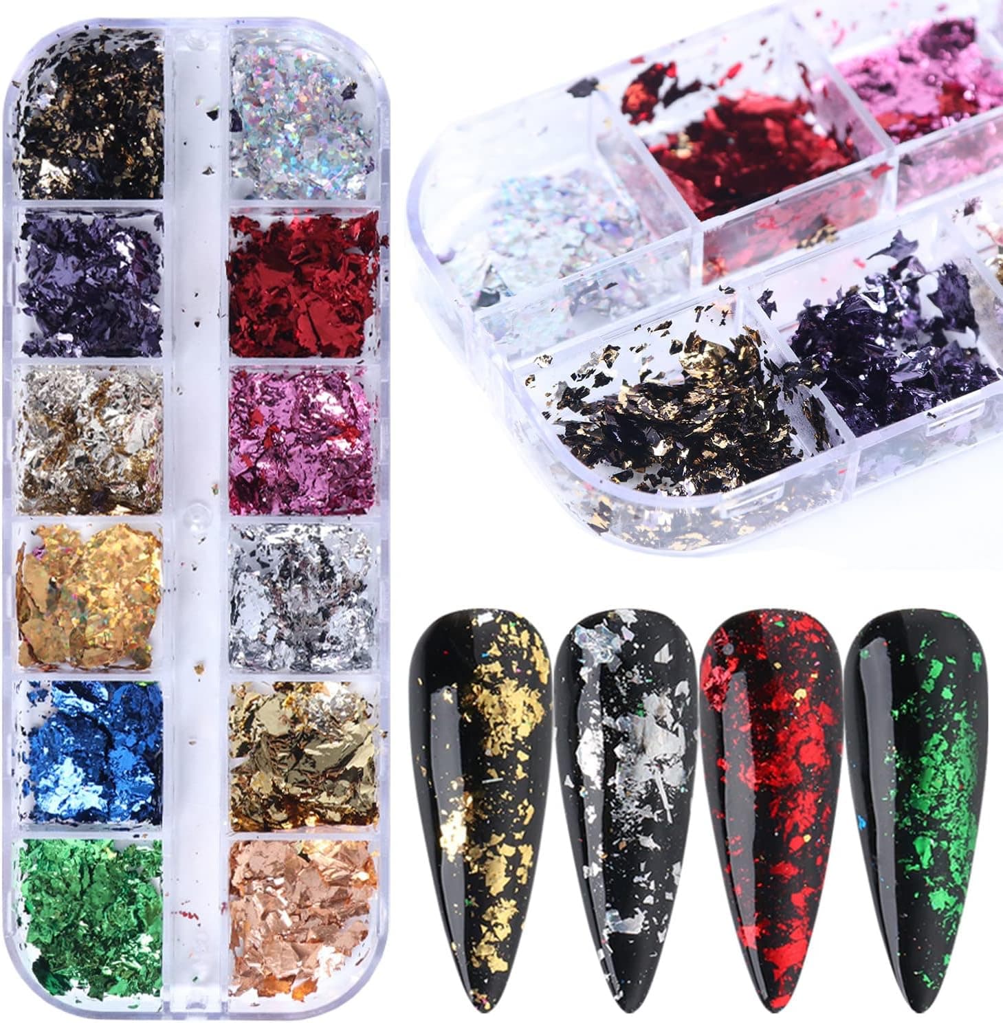 Holographic Nail Glitter Foils, 12 Colors Sparkly Ultra-Thin Aluminum Foil Nail Art Flakes Design, Laser Nail Sequins Acrylic Supplies for Women Girls Manicure Charms Decorations, DIY 3D Nail Art Tips - Image 7