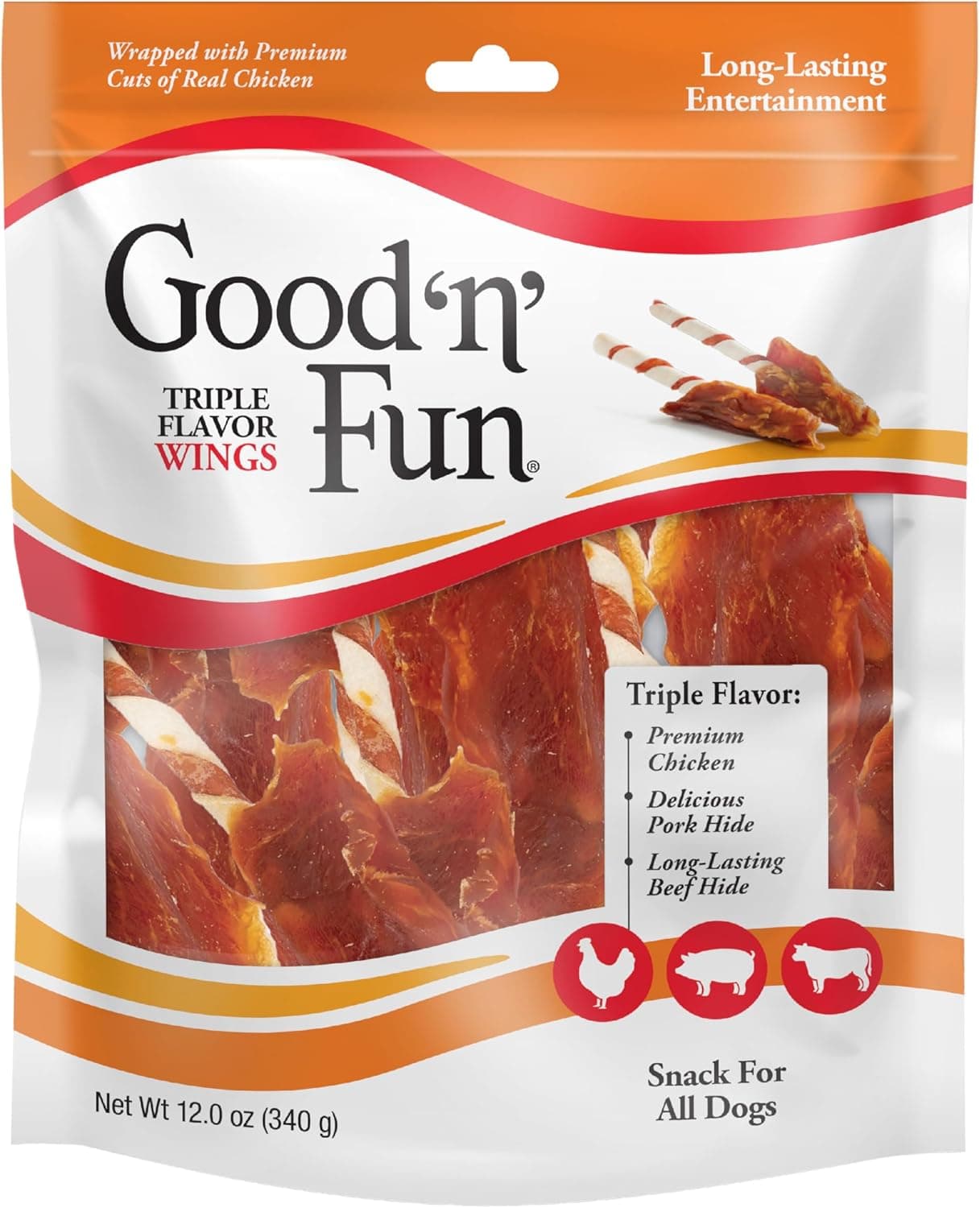 Good ‘n’ Fun Triple Flavor Wings Chews for All Dogs, 12 Ounces, Treat Your Dog to Long-Lasting Chews Made with Chicken, Pork Hide and Beef Hide 12 Ounce (Pack of 1) - Image 2