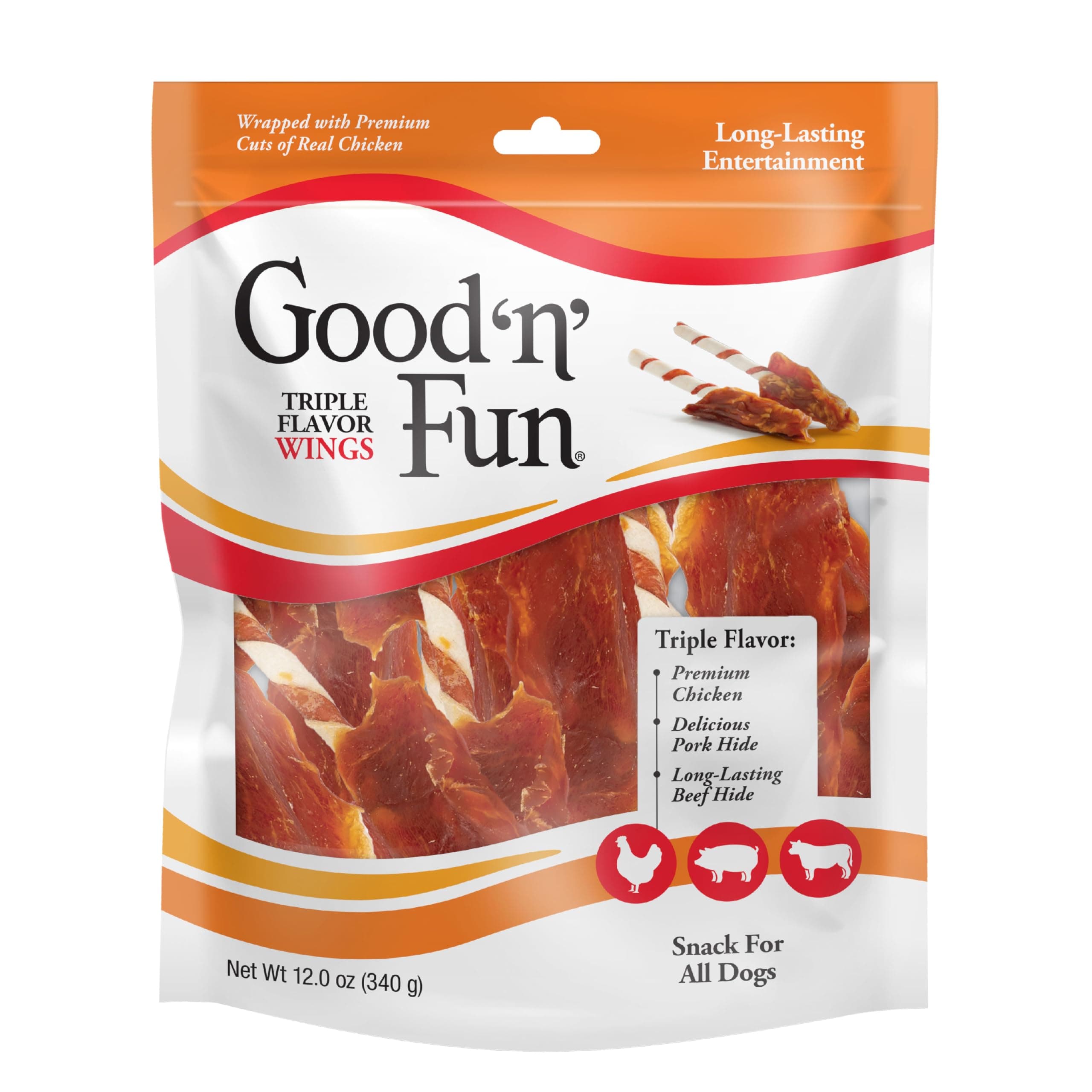 Good ‘n’ Fun Triple Flavor Wings Chews for All Dogs, 12 Ounces, Treat Your Dog to Long-Lasting Chews Made with Chicken, Pork Hide and Beef Hide 12 Ounce (Pack of 1)