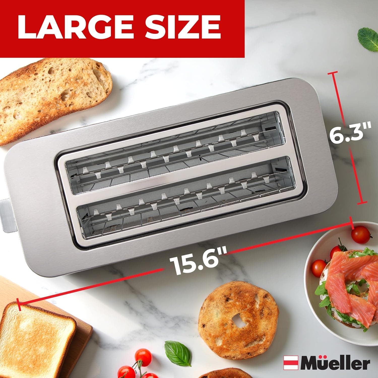 Mueller UltraToast Full Stainless Steel Toaster 4 Slice, Long Extra-Wide Slots for Bagels and Waffles, 6 Browning Levels, LED Display, Cancel/Defrost/Reheat Functions & Removable Tray, Kitchen Gadgets - Image 9