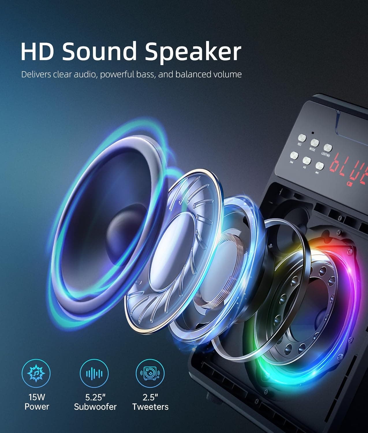 Máquina de Karaoke para Adultos, Altavoz Bluetooth Portátil con 2 Micrófonos Inalámbricos y Show de Luces, Altavoz de Karaoke con Graves y Agudos, Soporta TWS, USB, FM, REC, AUX in, Tarjeta TF para Fiesta/Reunión Negro - Image 3