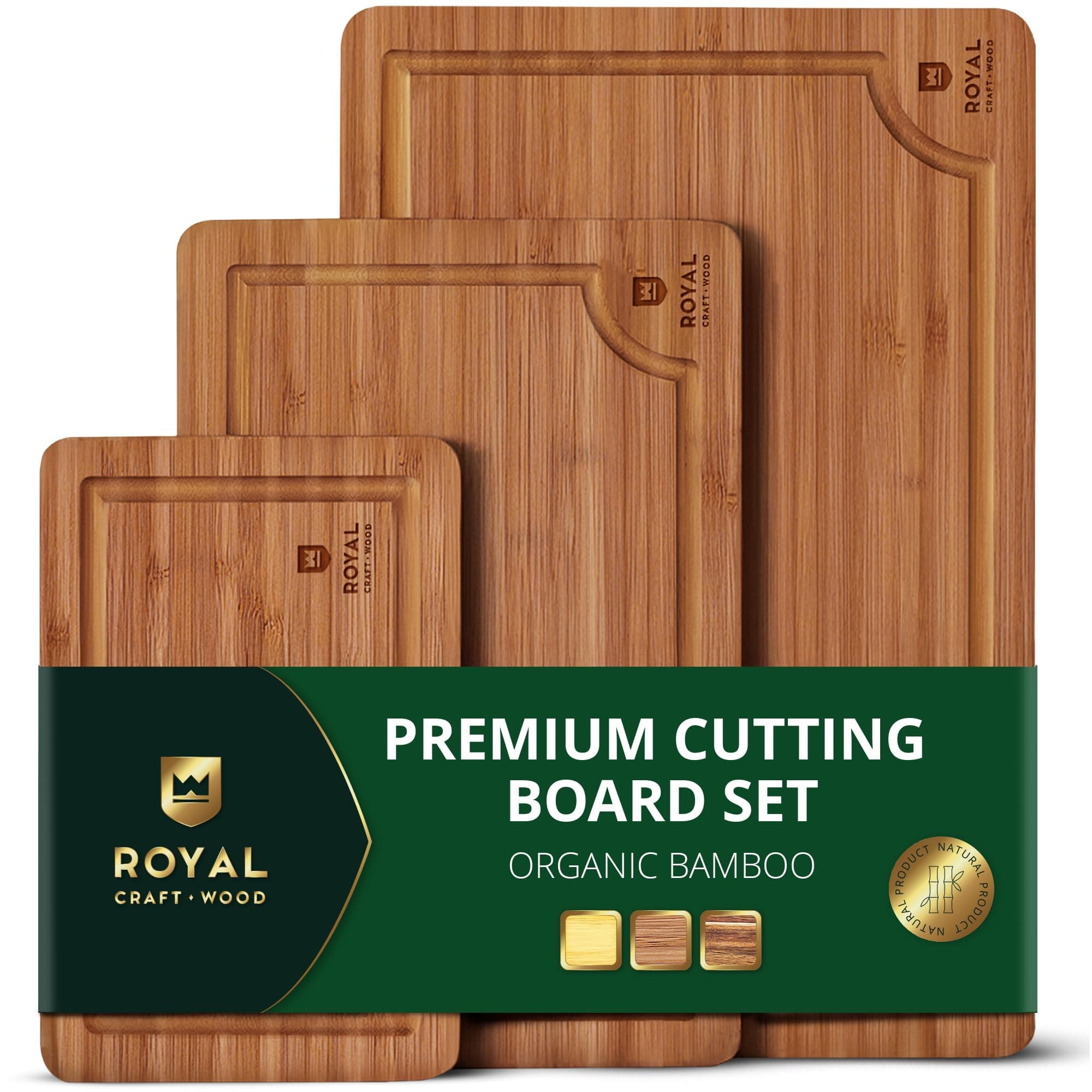 ROYAL CRAFT WOOD Premium Cutting Board Set – Carbonized Bamboo & Wooden Cutting Boards for Kitchen Meal Prep, Durable Butcher Block for Meat with Side Handles, Deep Juice Groove, Charcuterie &Chopping Carbonized Bamboo 3-Piece