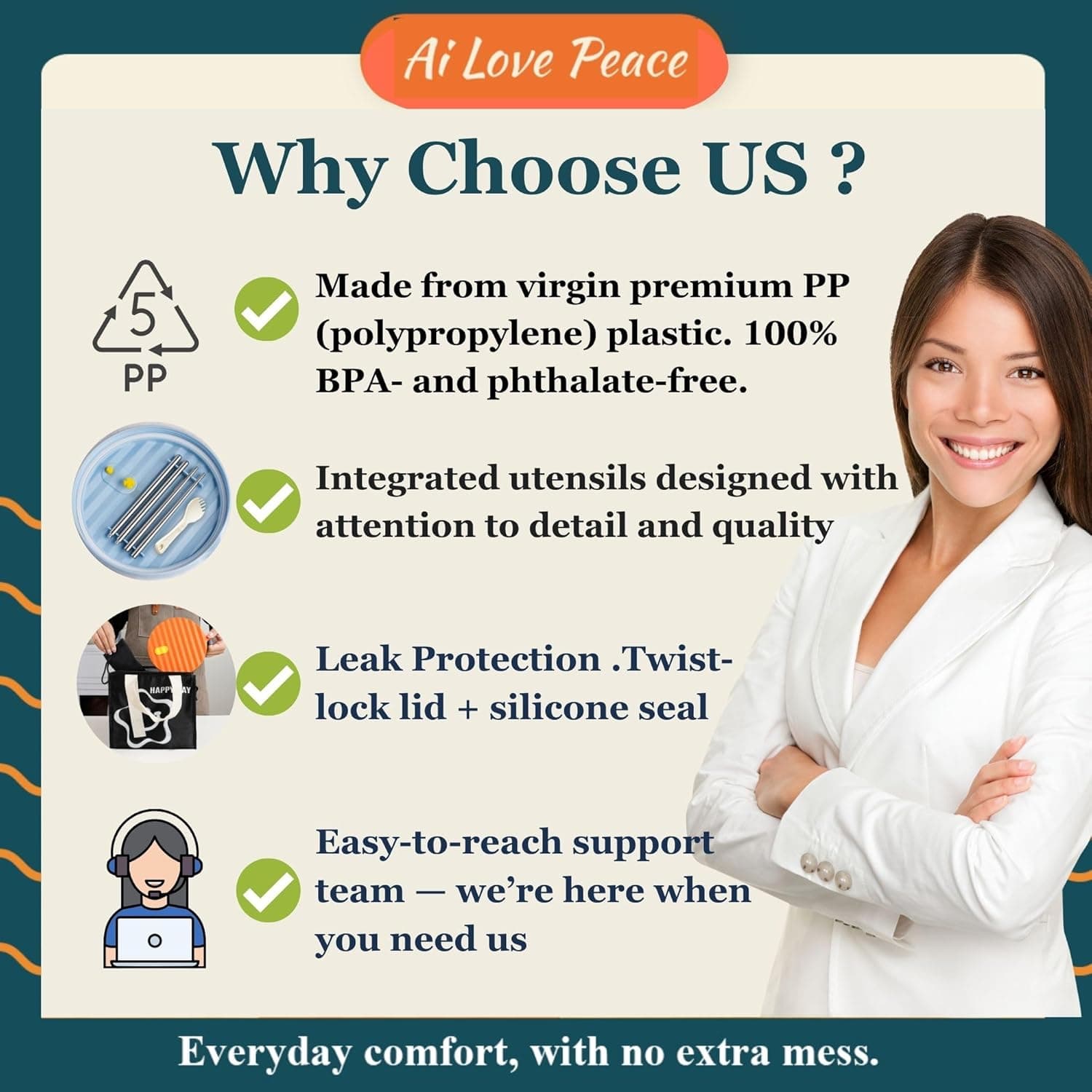 AI LOVE PEACE 拉面碗，40盎司微波炉可用的面条锅，适合拉面、越南河粉、汤和意大利面，洗碗机安全且便携，理想用于家庭、办公室、宿舍或作为礼物（橙色）橙色 40盎司（单碗） - Image 9