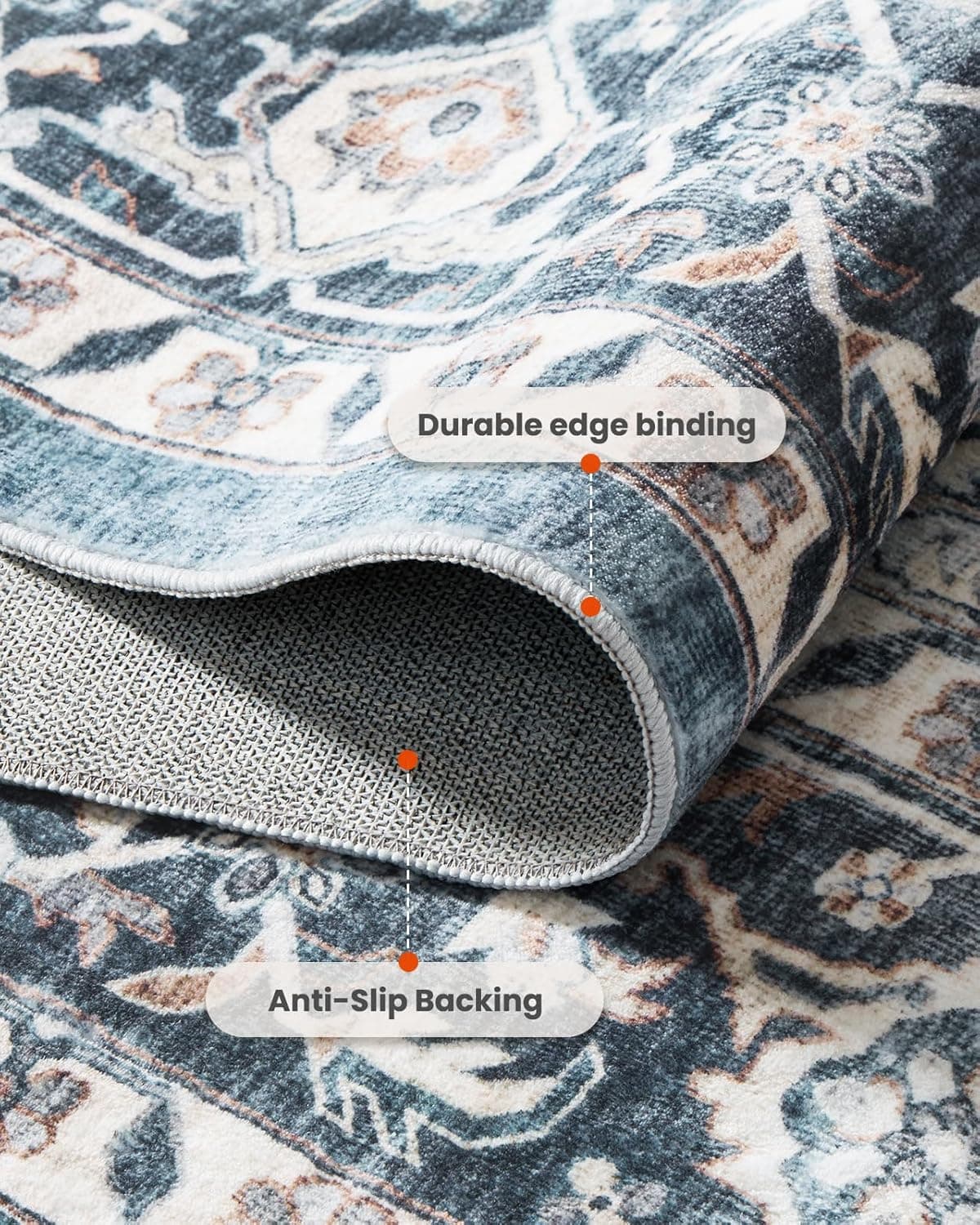 AMADA HOMEFURNISHING 8x10 Washable Area Rug, Low-Profile Large Area Rug with Non-Slip Backing & Durable Edge Binding, Vintage Large Rugs for Living Room, Bedroom, Dinning Room 8' x 10' (Rectangular) Blue - Image 7