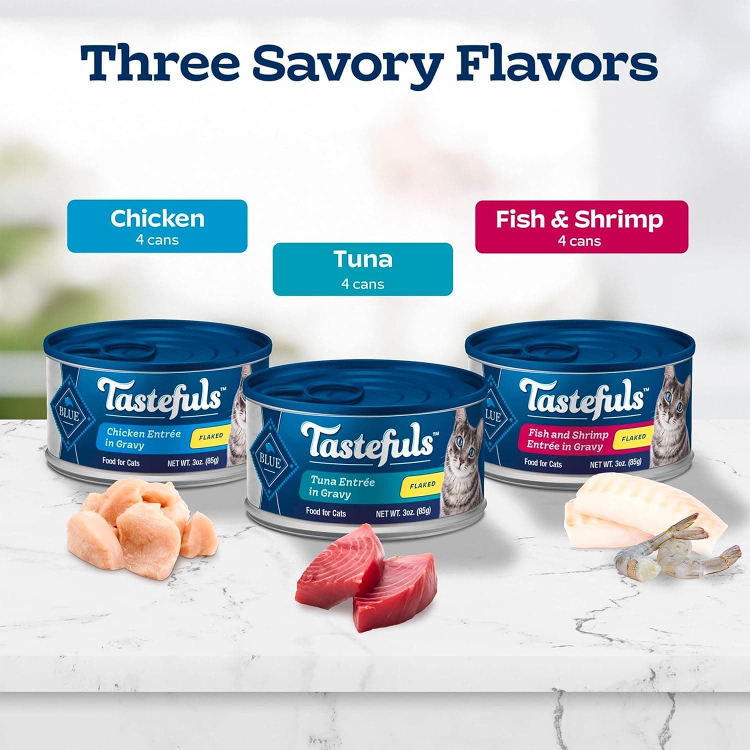 Blue Buffalo Tastefuls Flaked Wet Cat Food Variety Pack, Made with Natural Ingredients, Tuna, Chicken, Fish & Shrimp, 3-oz Cans (12 Count, 4 of Each) Variety Pack: Tuna, Chicken, Fish & Shrimp 1 Ounce (Pack of 12) - Image 4