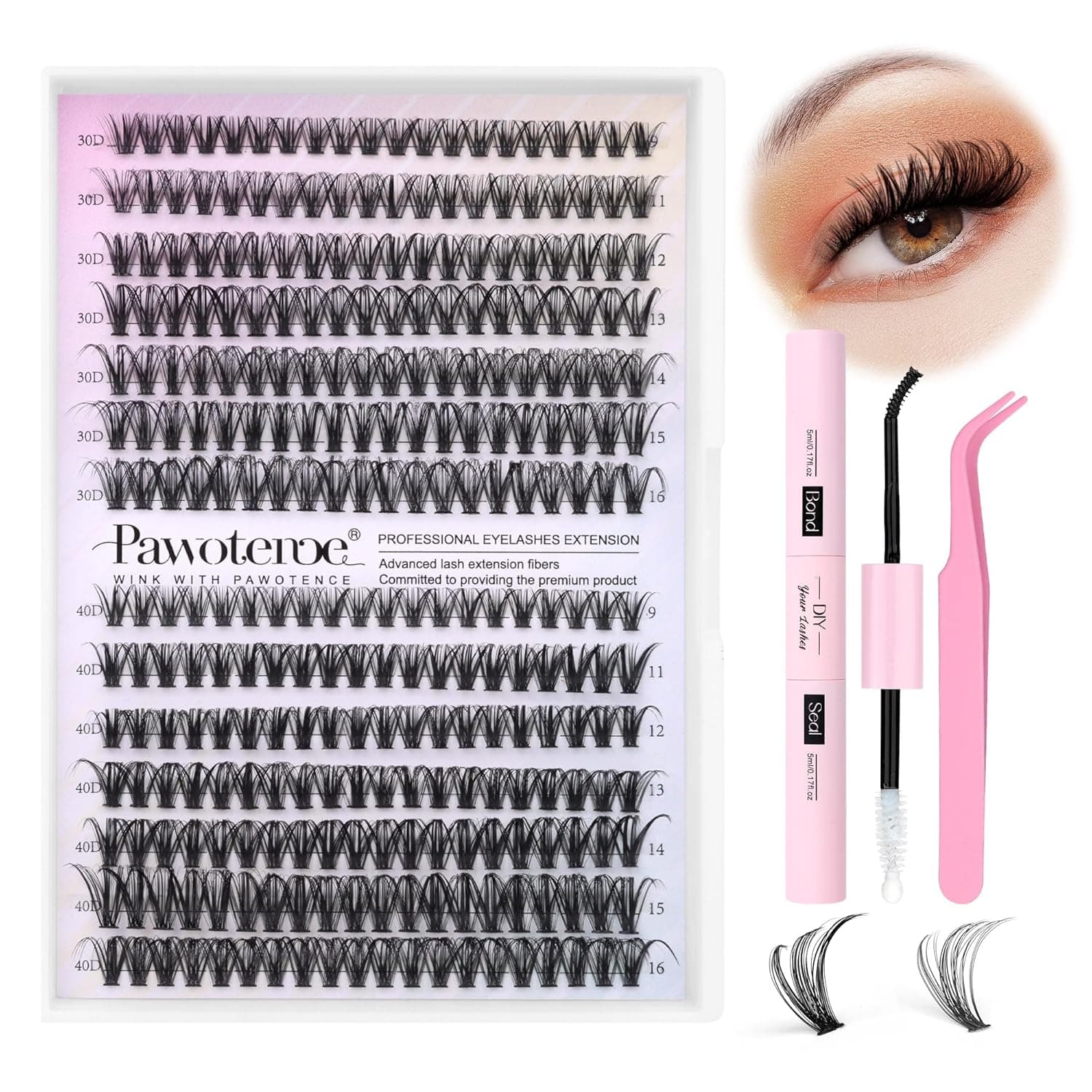 Pawotence Lash Extension Kit DIY 280pcs Lash Clusters Eyelash Extension Kit, 9-16mm 30D 40D Individual Lashes Kit with Lash Bond and Seal, Lash Tweezers for Self Use (30D&40D, 0.07D, 9-16mm, Kit) 30D&40D KIT - Image 2