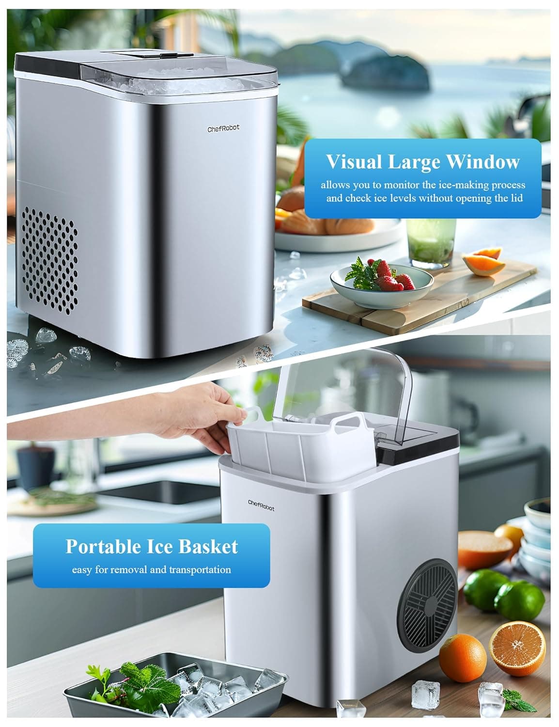 ChefRobot Ice Machine,Stainless Steels Chewable Ice Maker Ready in 6 mins,34Lbs/24H Nugget Ice Maker Countertop,One-Click Pebble Ice Maker for Home/Party/Bar/Daily-Use - Image 4