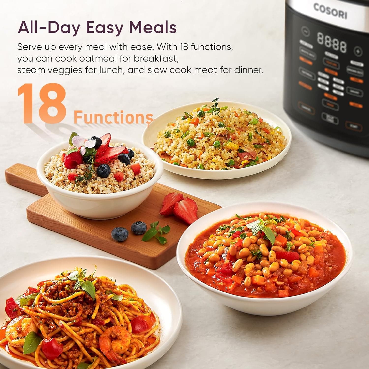 COSORI Rice Cooker 10 Cup, 24h Keep Warm, Non-stick Ceramic Inner Pot, 18 Functions Fuzzy Logic Rice Maker with Stainless Steel Steamer Basket, Sauté, Slow Cooker, Black - Image 3