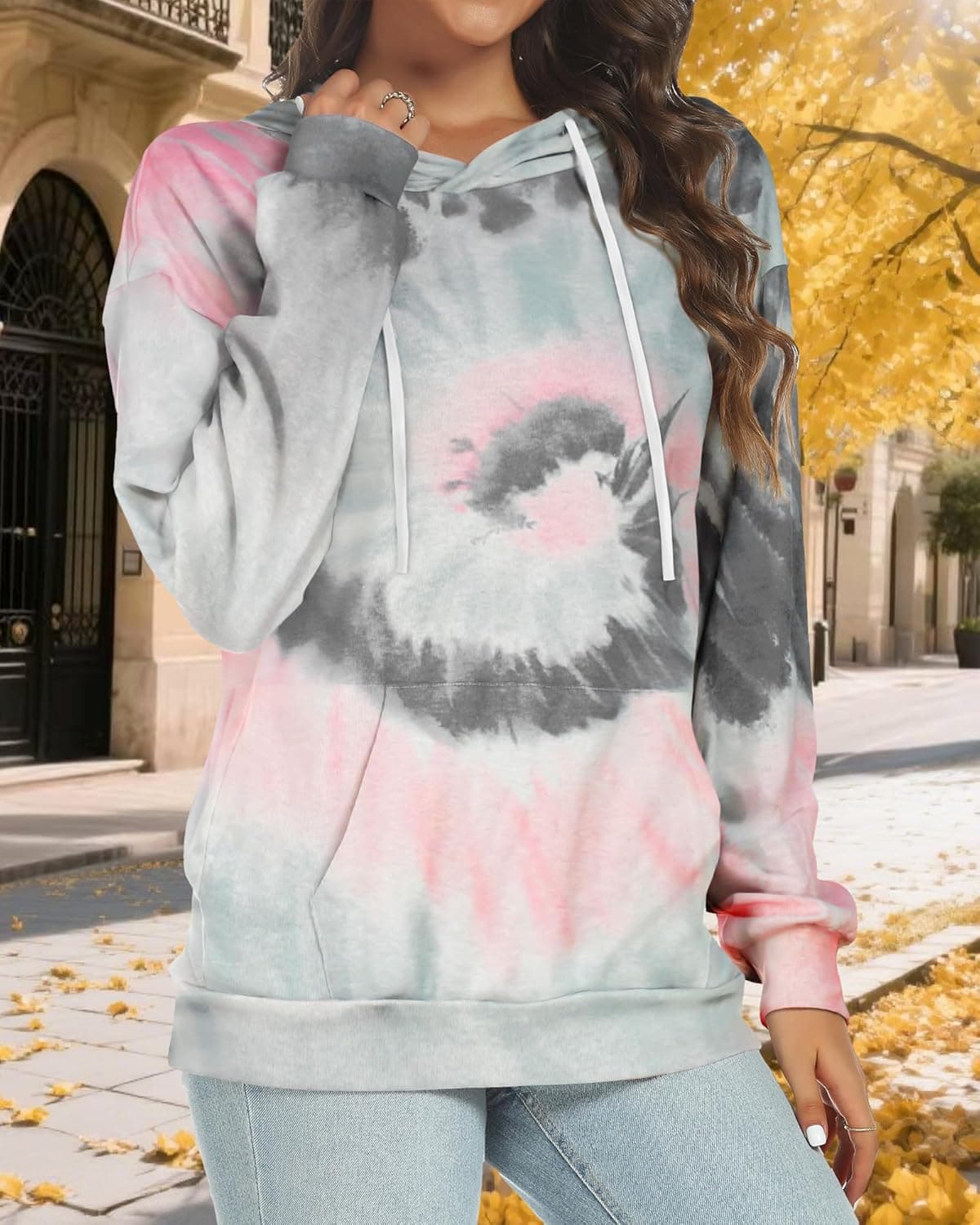 Women's Hoodies Long Sleeve Sweatshirts Drawstring Pullover Tops with Pocket Casual Loose Blouses Tunic X-Large Grey Pink Tie Dye - Image 6