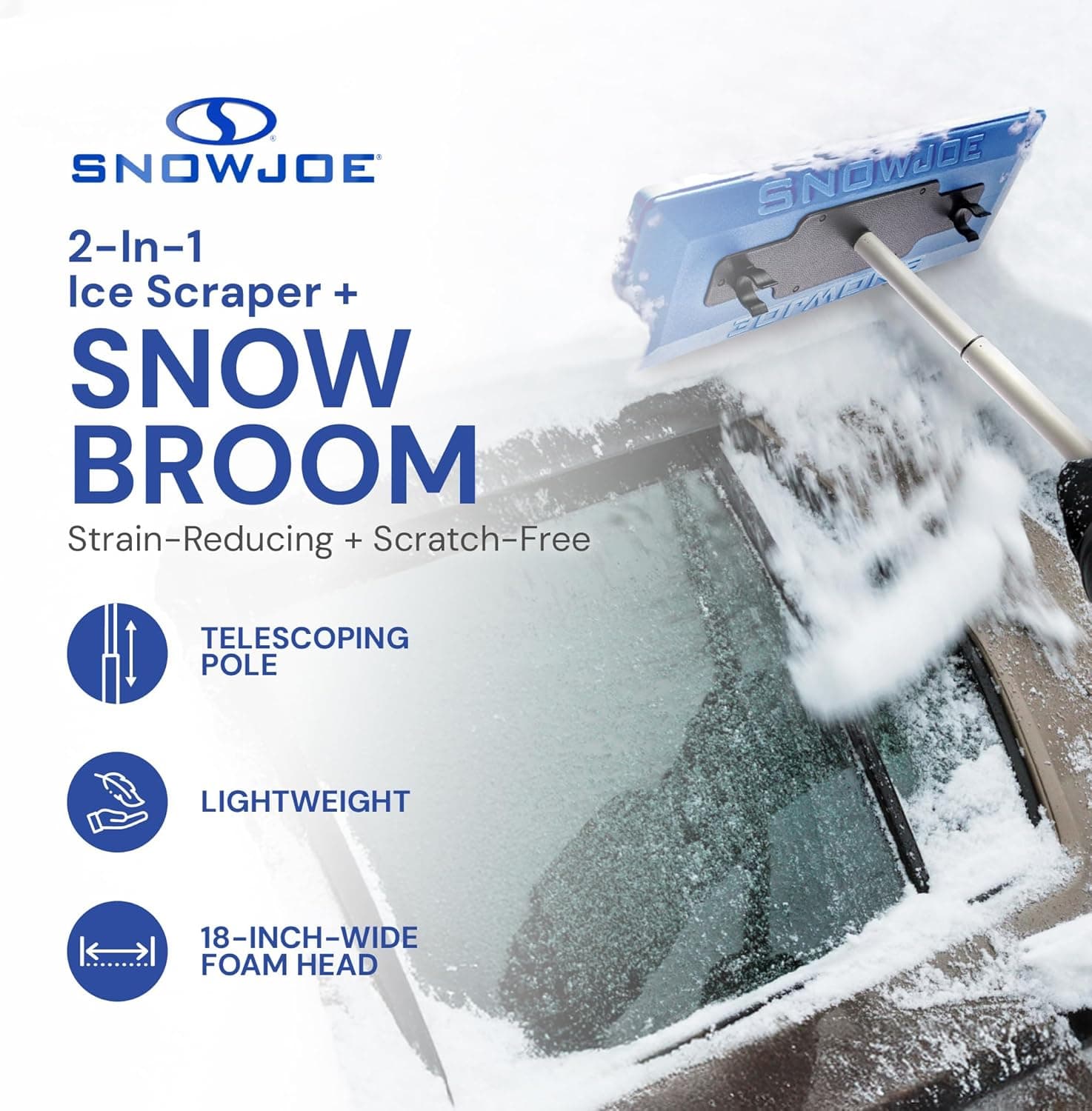 Snow Joe 18" Telescoping Snow Broom & Ice Scraper for Cars, No-Scratch Foam Brush - Long and Extendable Ice Removal Tool for Car Window and Automotive Windshield, SJBLZD Original Snow Broom - Image 2